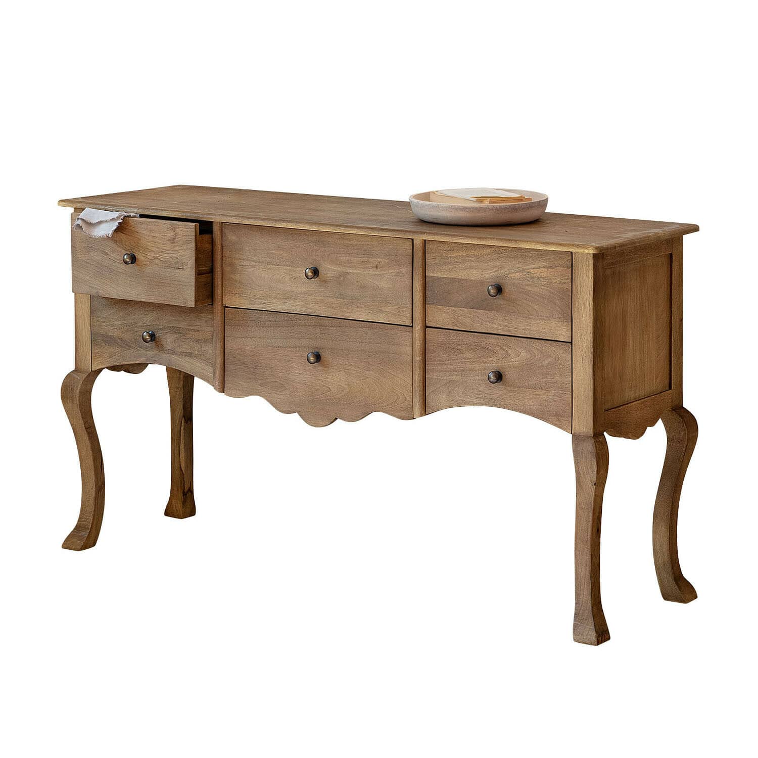 Cómoda Norelia Consola de madera de mango en color natural con cinco cajones y patas decorativas curvas