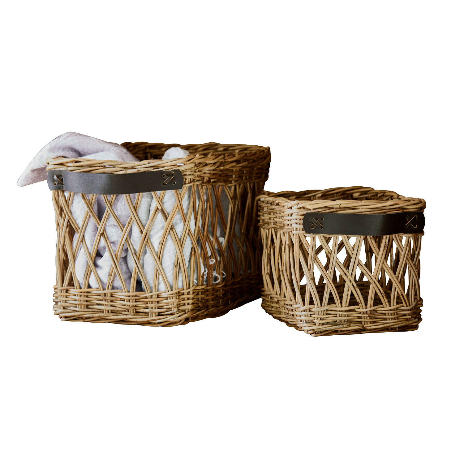 Set de 2 cestas Lorviano Conjunto de dos cestas de mimbre con asas de cuero marrón, color natural, para almacenamiento