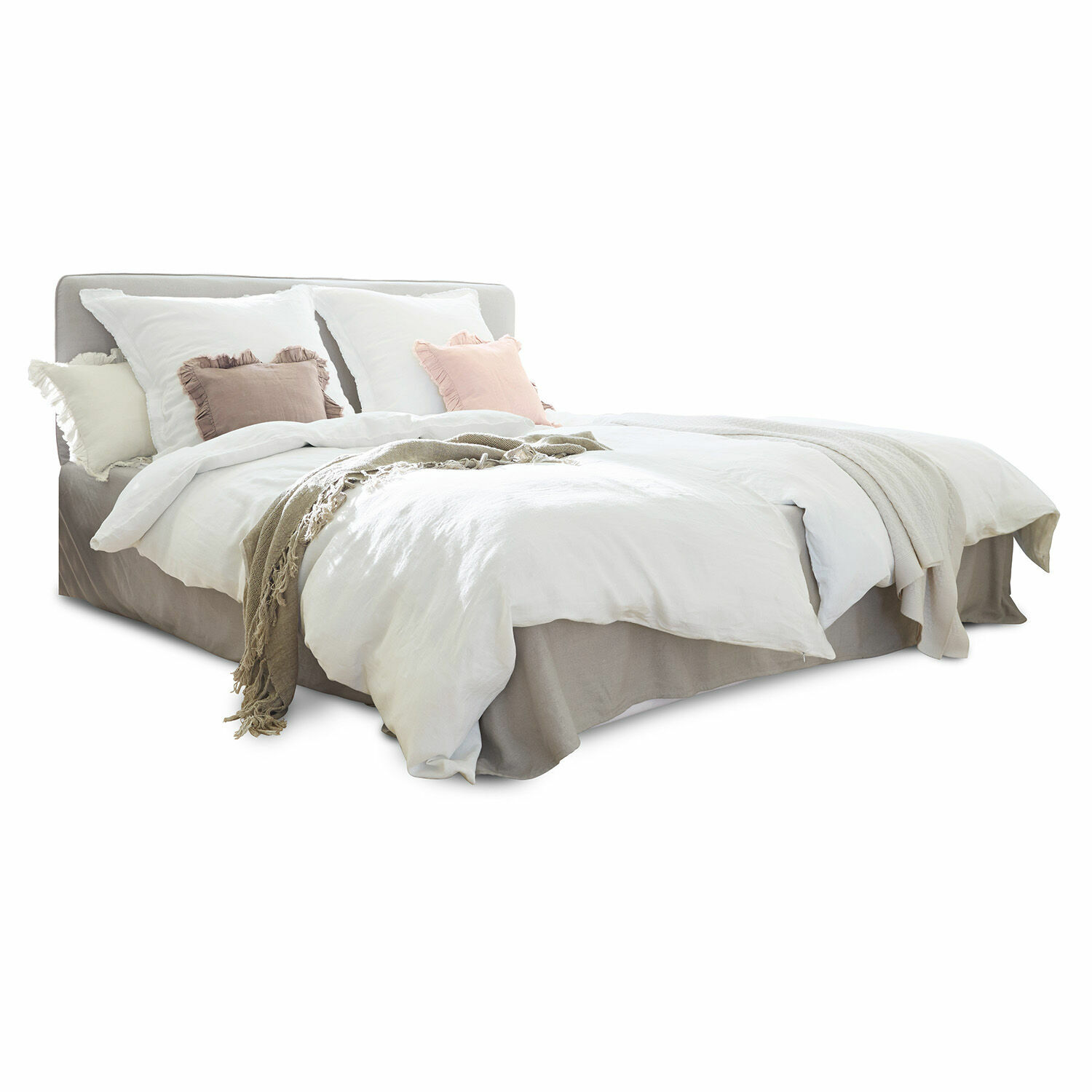 gris Cama Aubrianne gris de tela con ropa de cama blanca y cojines pastel para dormitorio