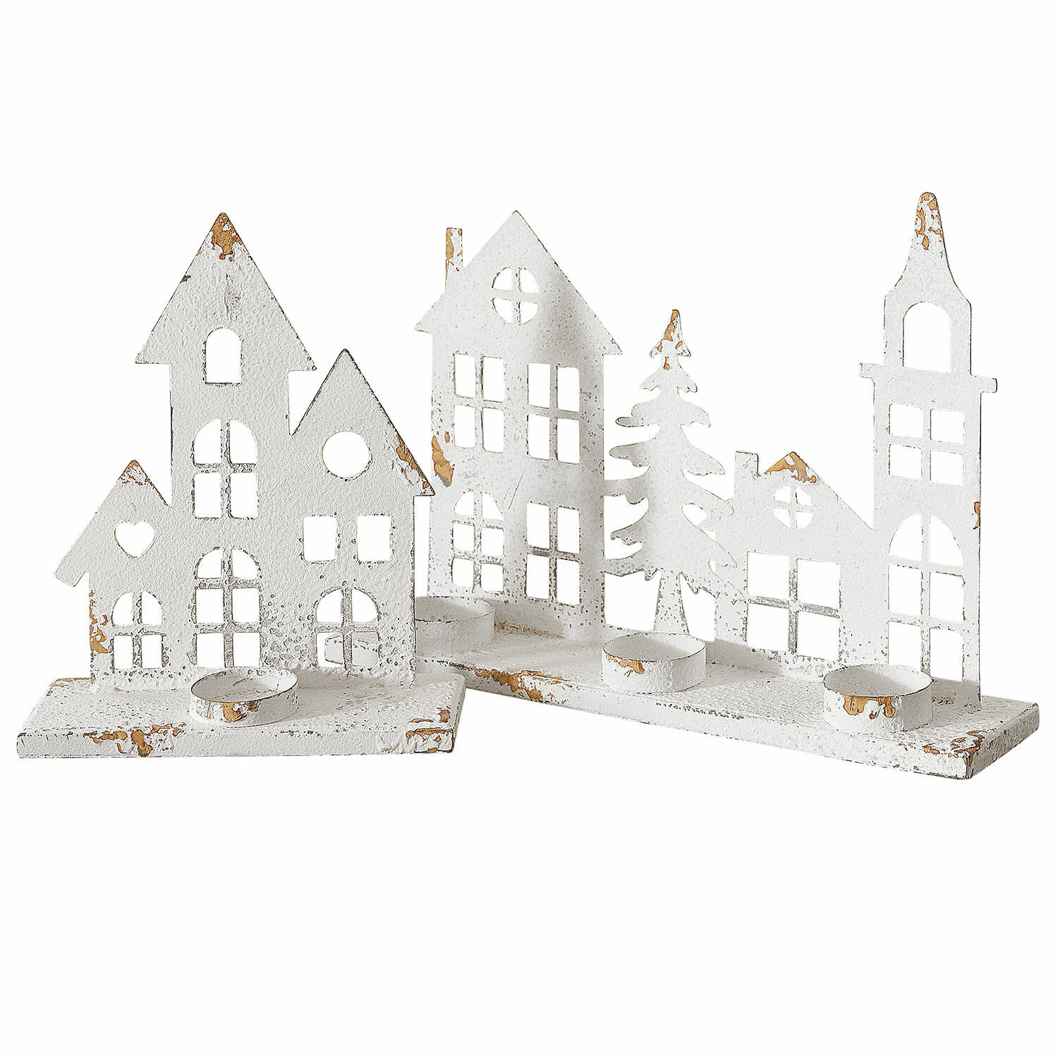 Juego de 2 candelabros Vexano Portavelas de metal blanco envejecido con forma de casas para decoración navideña interior
