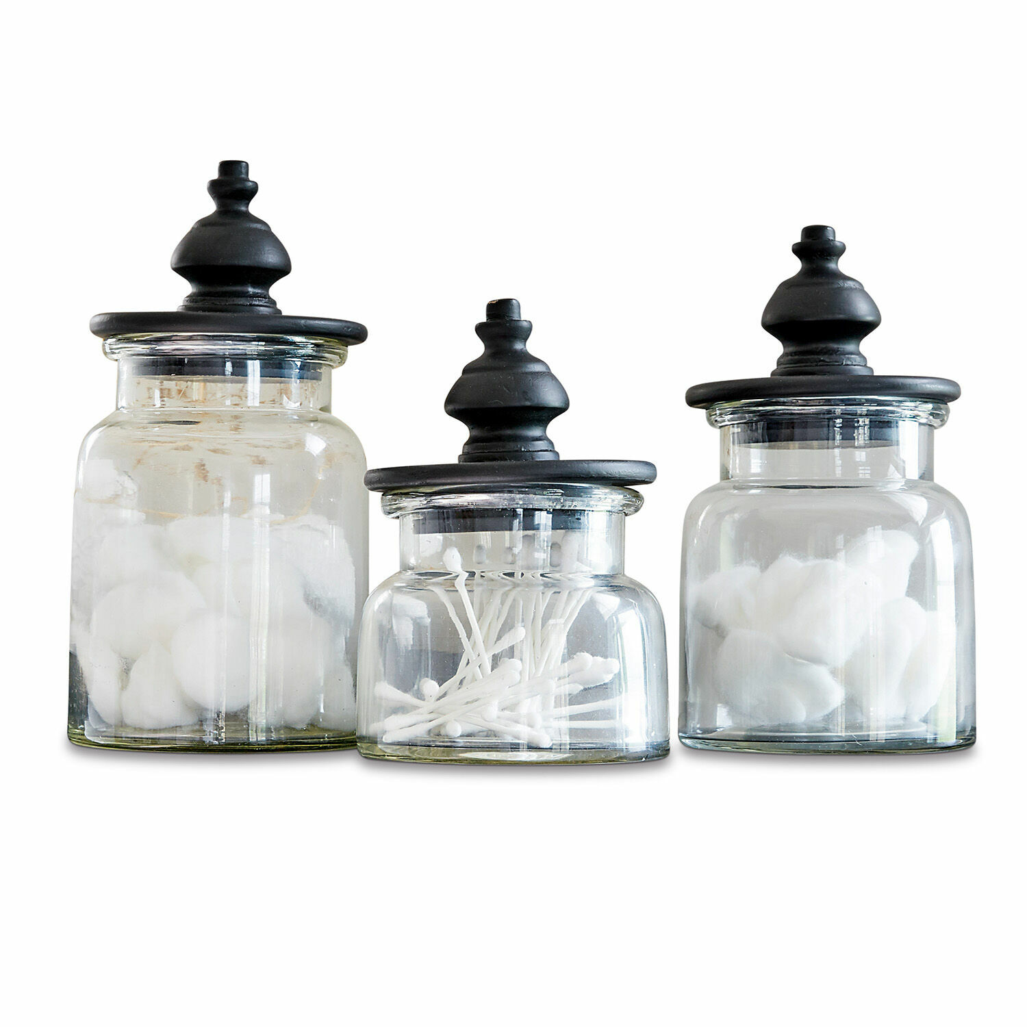 Set de 3 tarros Hakeen Conjunto de tres frascos de vidrio con tapas negras para almacenar bolas de algodón y bastoncillos
