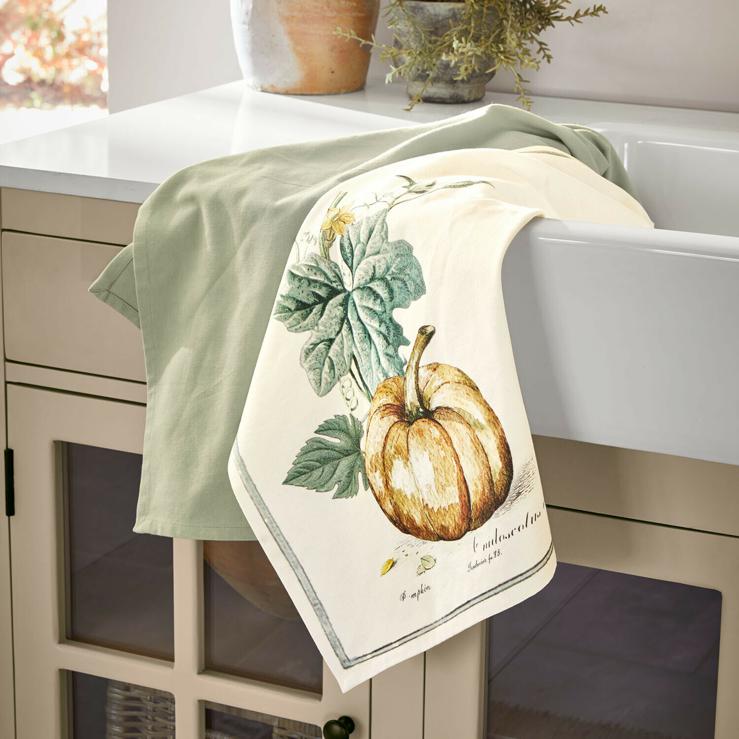 Set de 2 paños de cocina Pavolinos Paño de cocina de lino verde y crema con estampado de calabaza y hojas para decoración