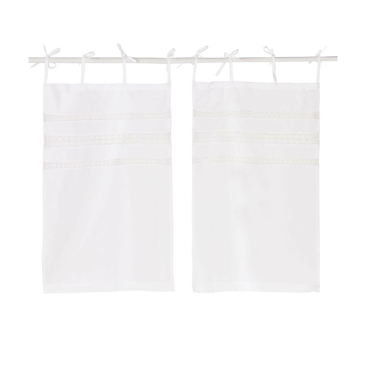 visillo Aibre Juego de dos cortinas blancas de algodón con bandas de encaje decorativas y lazos para colgar