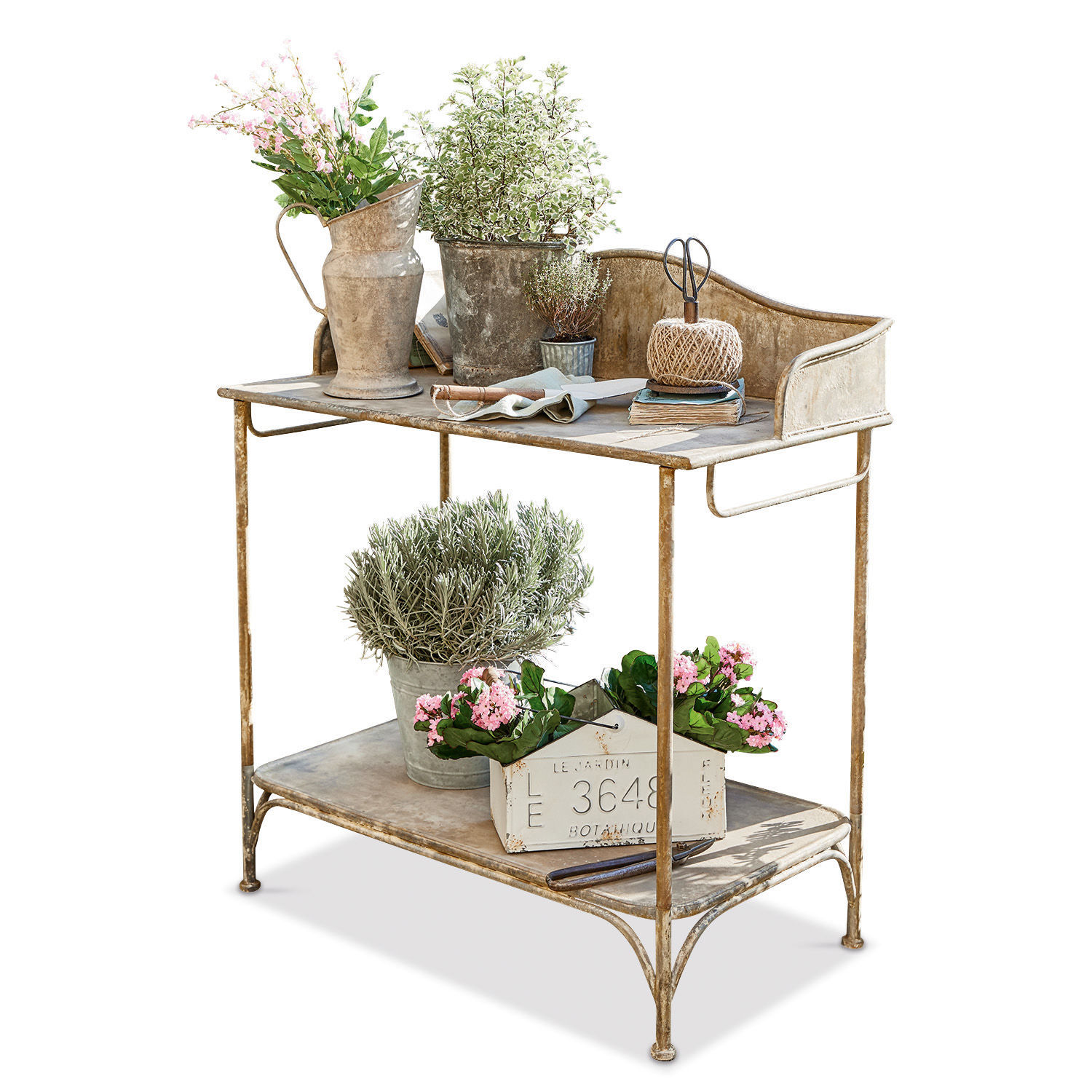 Mesa de jardinería Banners Mesa de jardín vintage de metal beige con macetas y herramientas de jardinería decorativas
