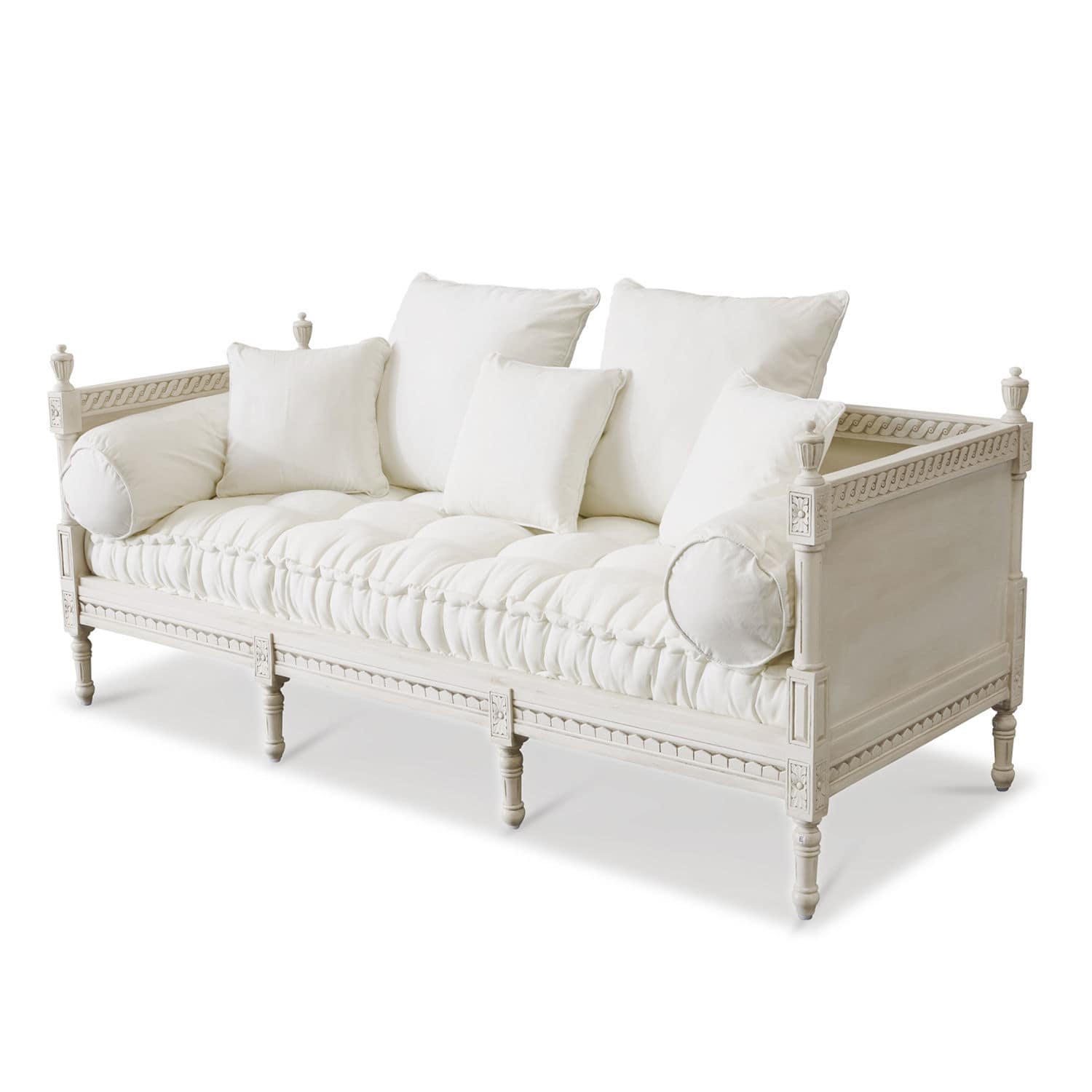 blanco envejecido Sofá Douville en madera blanca antigua con cojines suaves, mueble elegante para salón