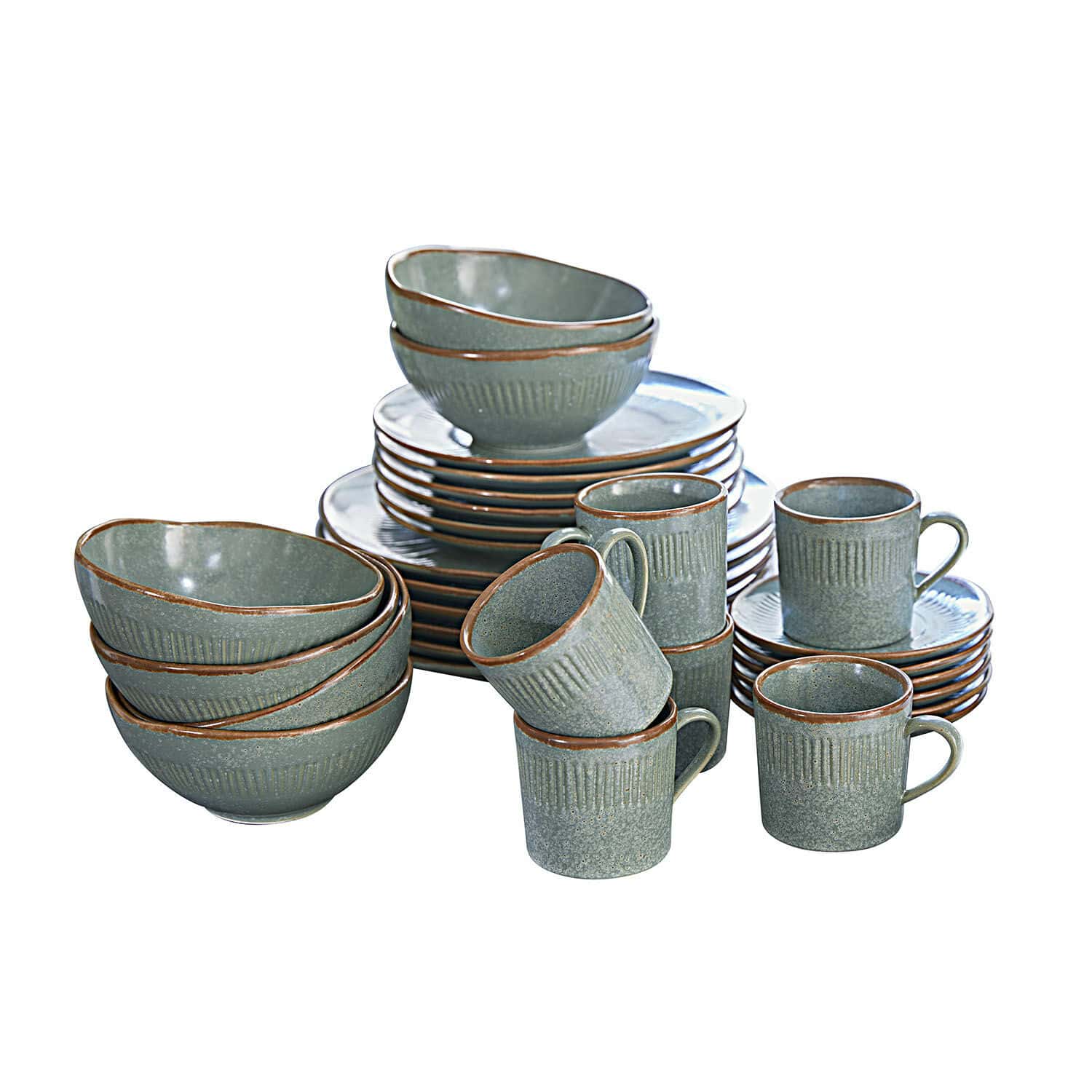 Set de 30 piezas de vajilla Périers Juego de vajilla de cerámica verde con borde marrón, incluye platos, cuencos y tazas