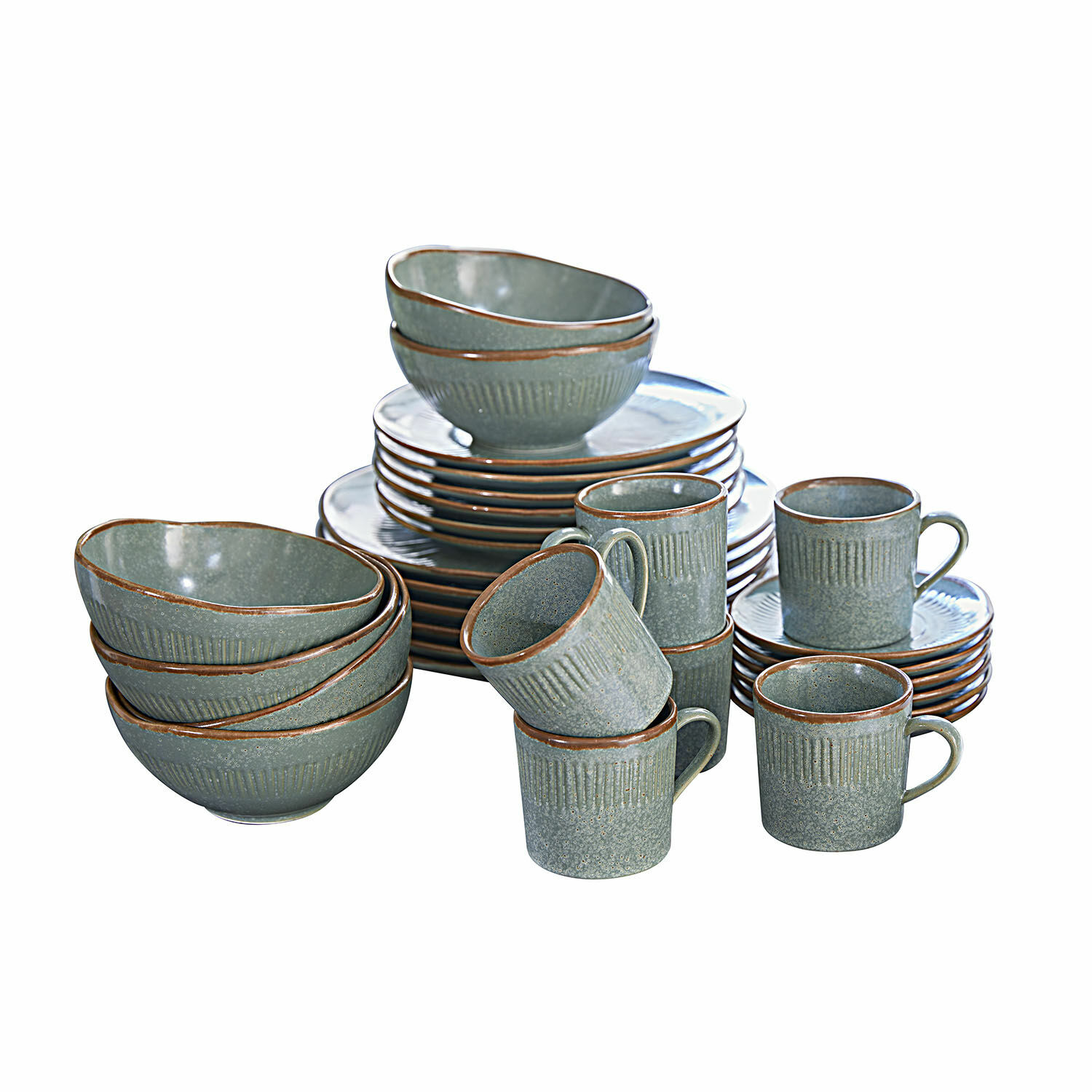Set de 30 piezas de vajilla Périers Juego de vajilla de cerámica verde con borde marrón, incluye platos, cuencos y tazas