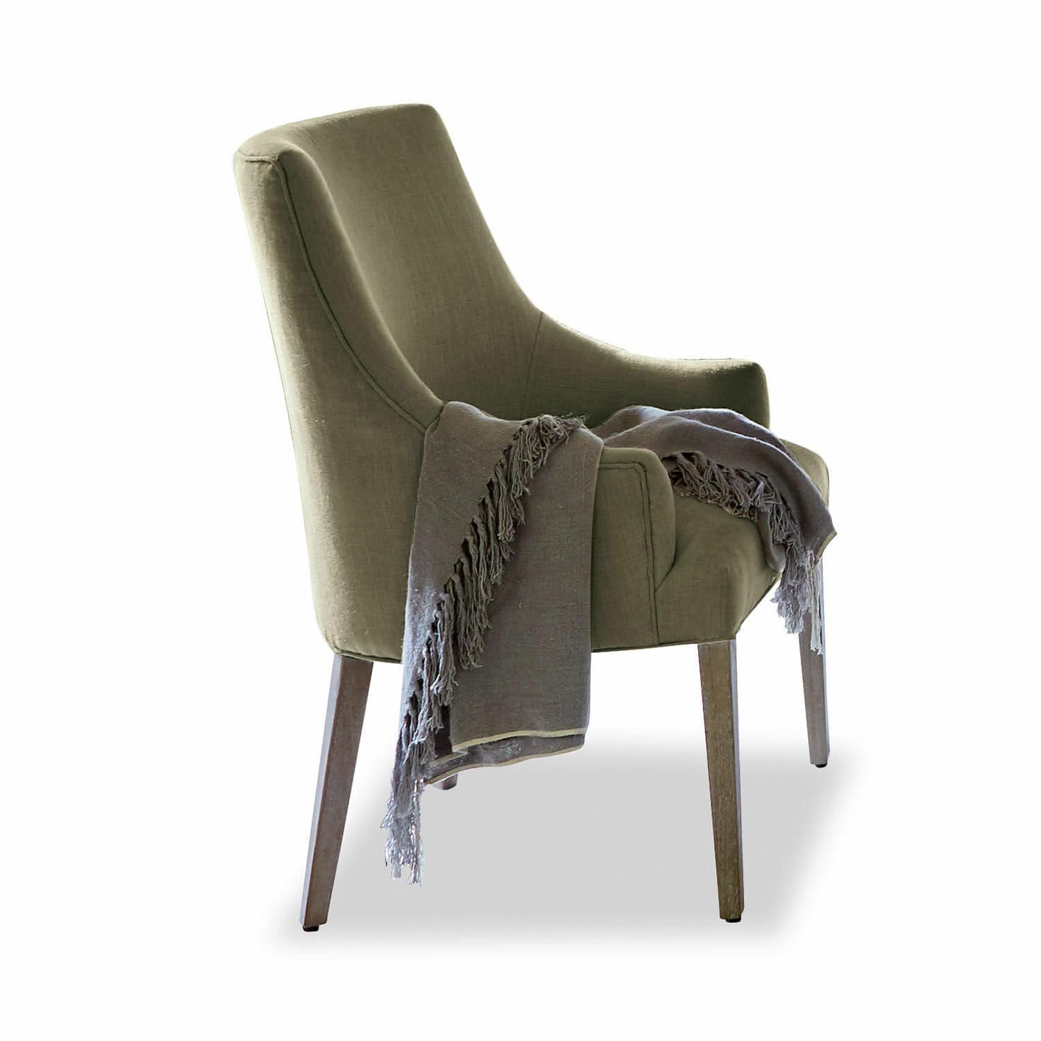 Silla Hyeres Sillón verde tapizado con patas de madera y manta gris, mueble cómodo para salón