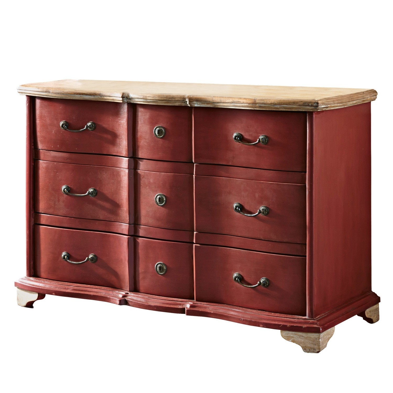 Cómoda Aiguillon de madera color burdeos con tapa clara, mueble de almacenamiento para salón