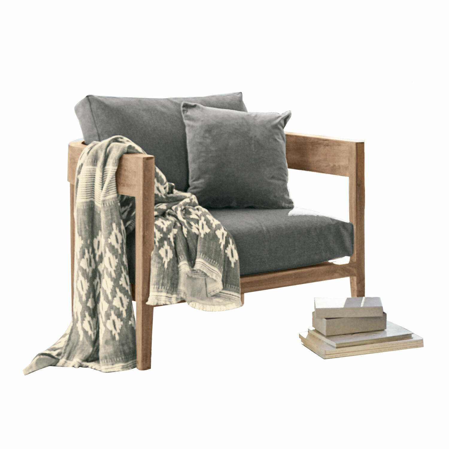 Sillón con estructura de madera y tapizado gris, con manta decorativa y cojines