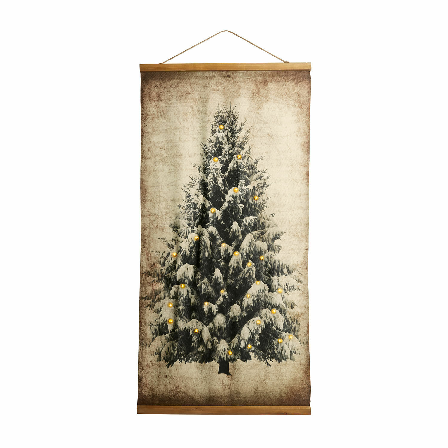 Cuadro con LED Gussers Cuadro decorativo con árbol de Navidad y luces amarillas sobre fondo beige de tela