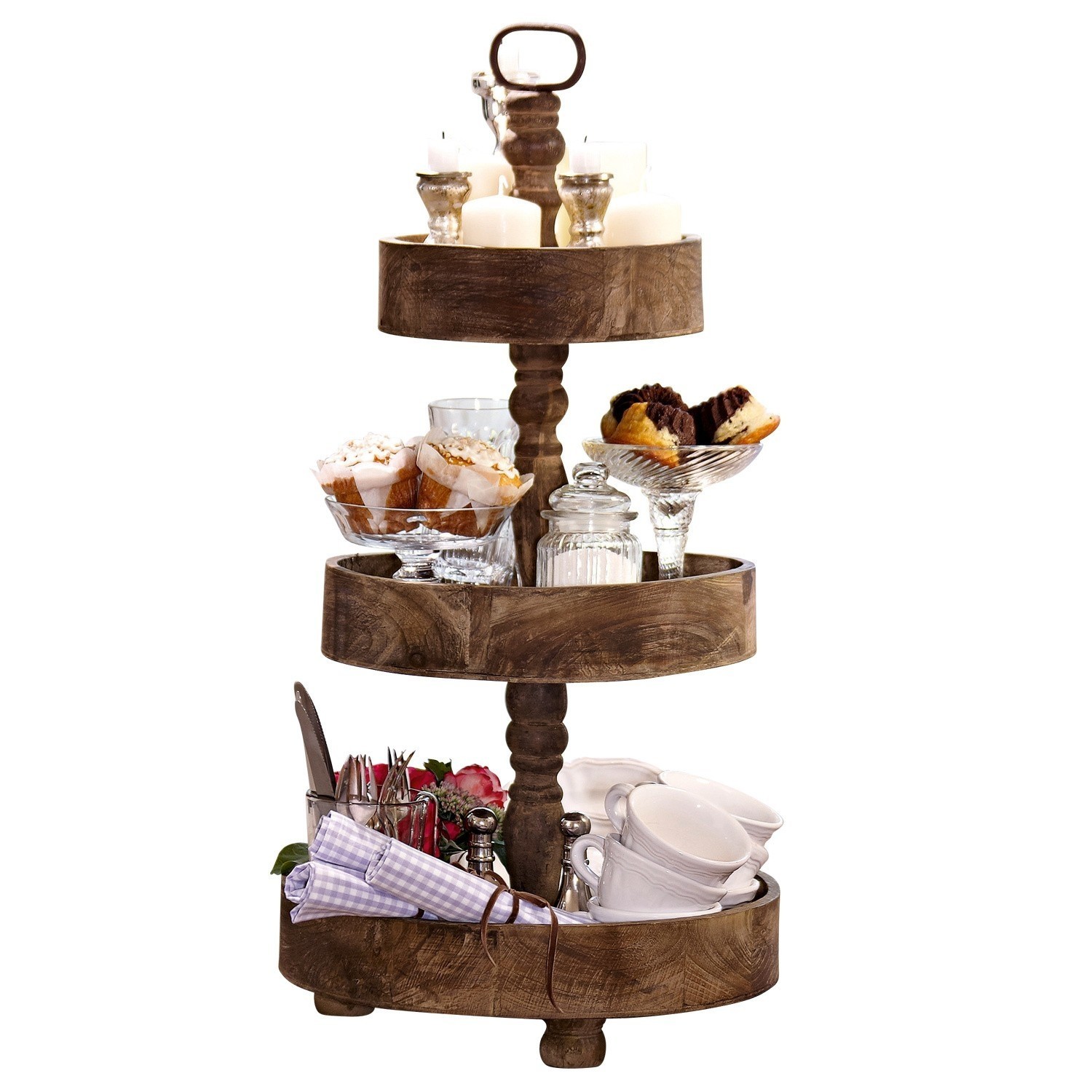 Estantería Beauvais Soporte de tres niveles de madera de mango marrón con tazas, magdalenas y velas decorativas