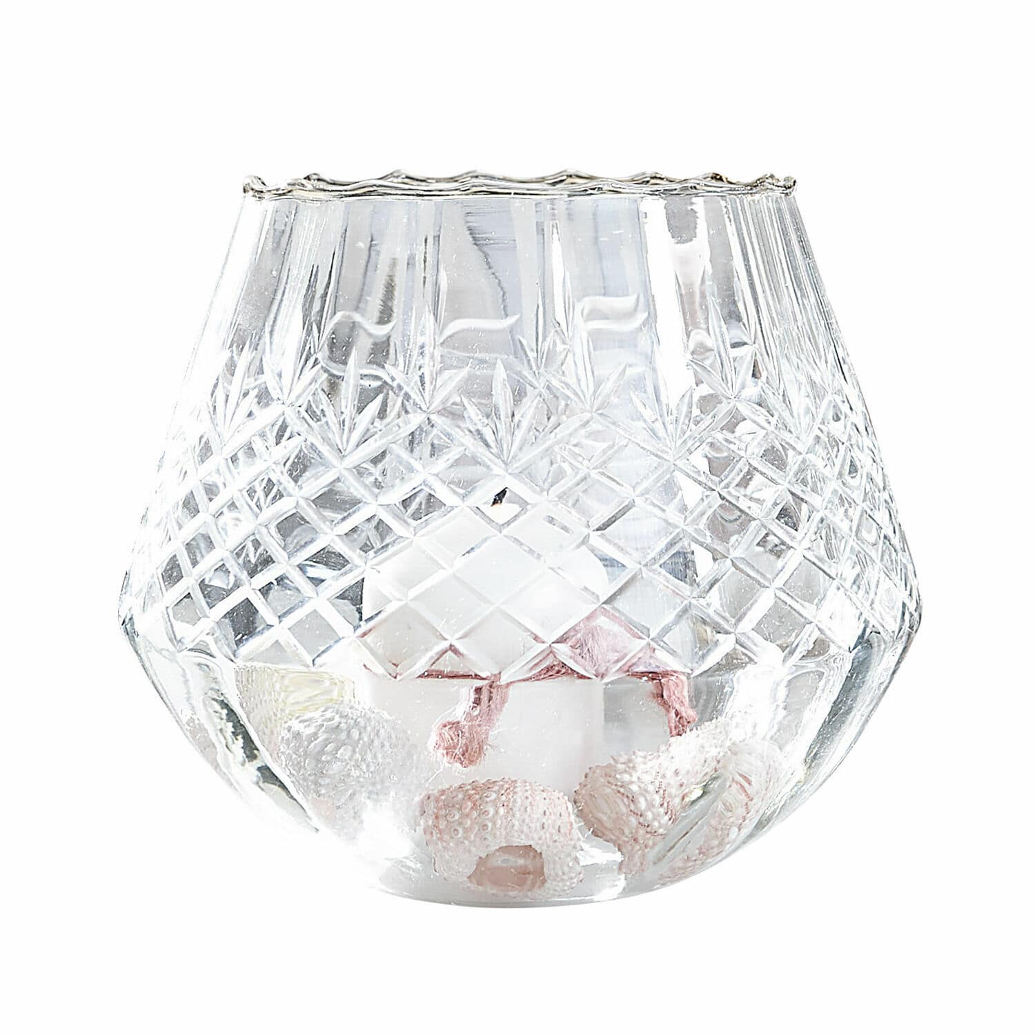 Linterna Tianie Portavelas de cristal grabado con vela blanca y decoración de conchas, estilo náutico
