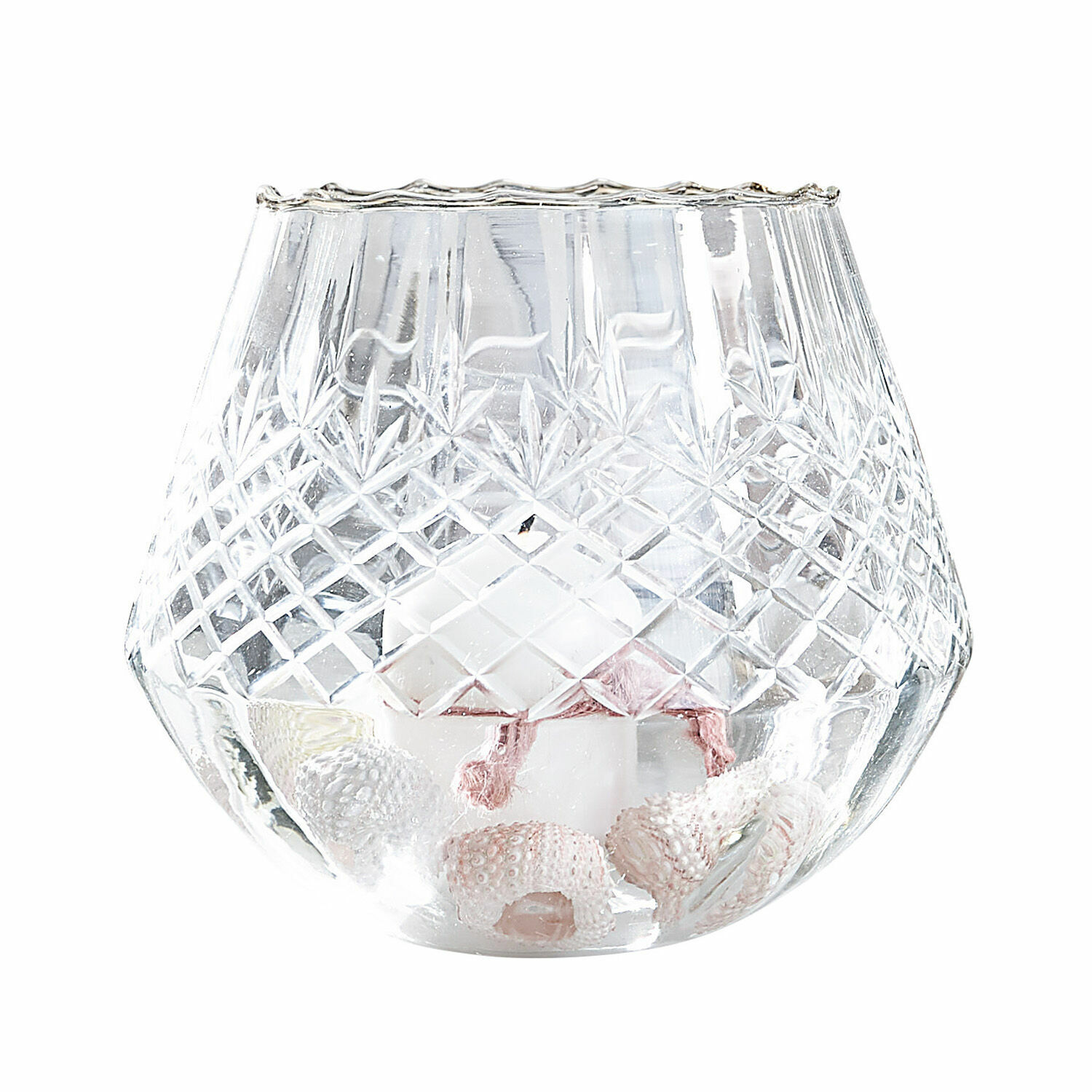 Linterna Tianie Portavelas de cristal grabado con vela blanca y decoración de conchas, estilo náutico