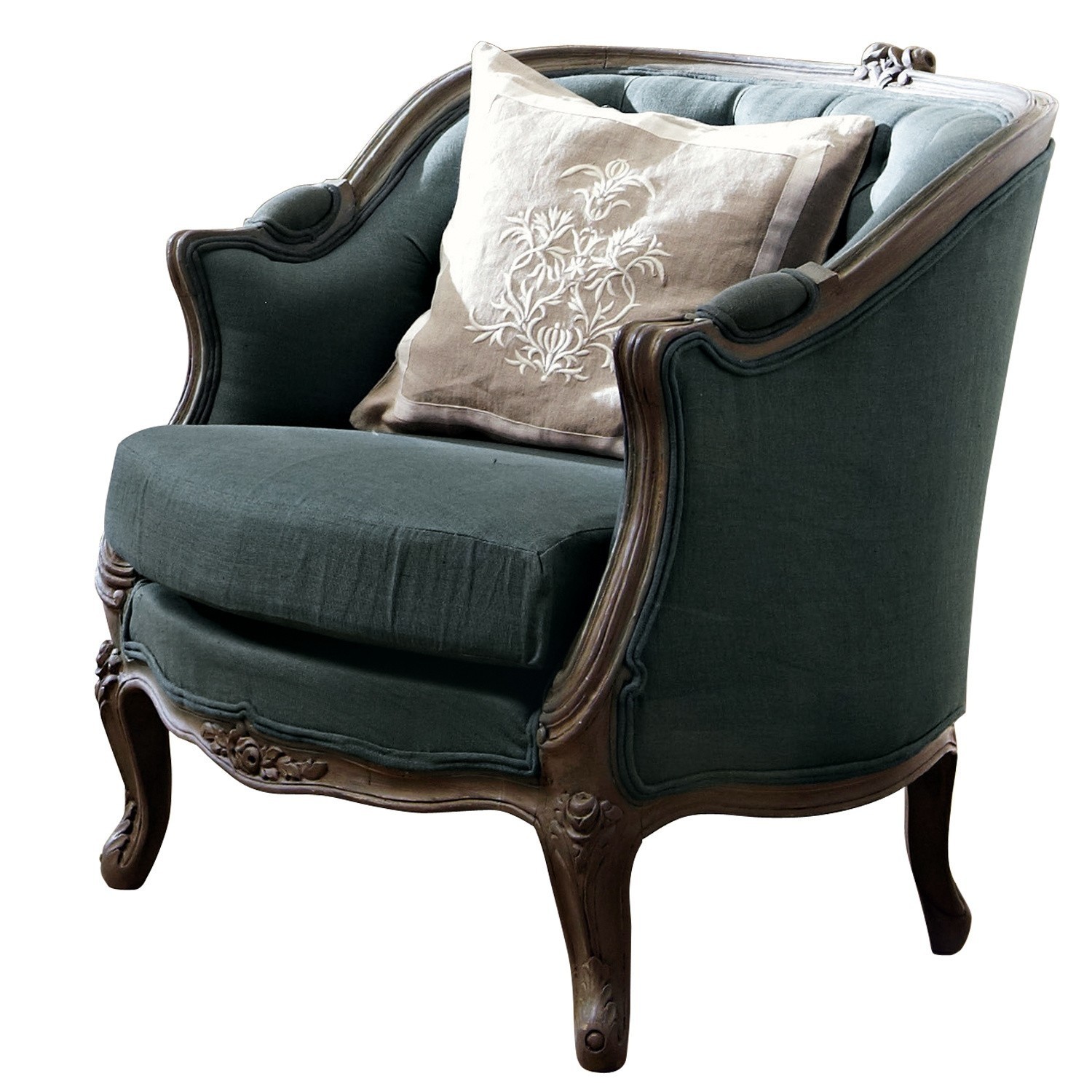 petrol Sillón Annezay color petrol con marco de madera y cojín beige decorativo, estilo vintage
