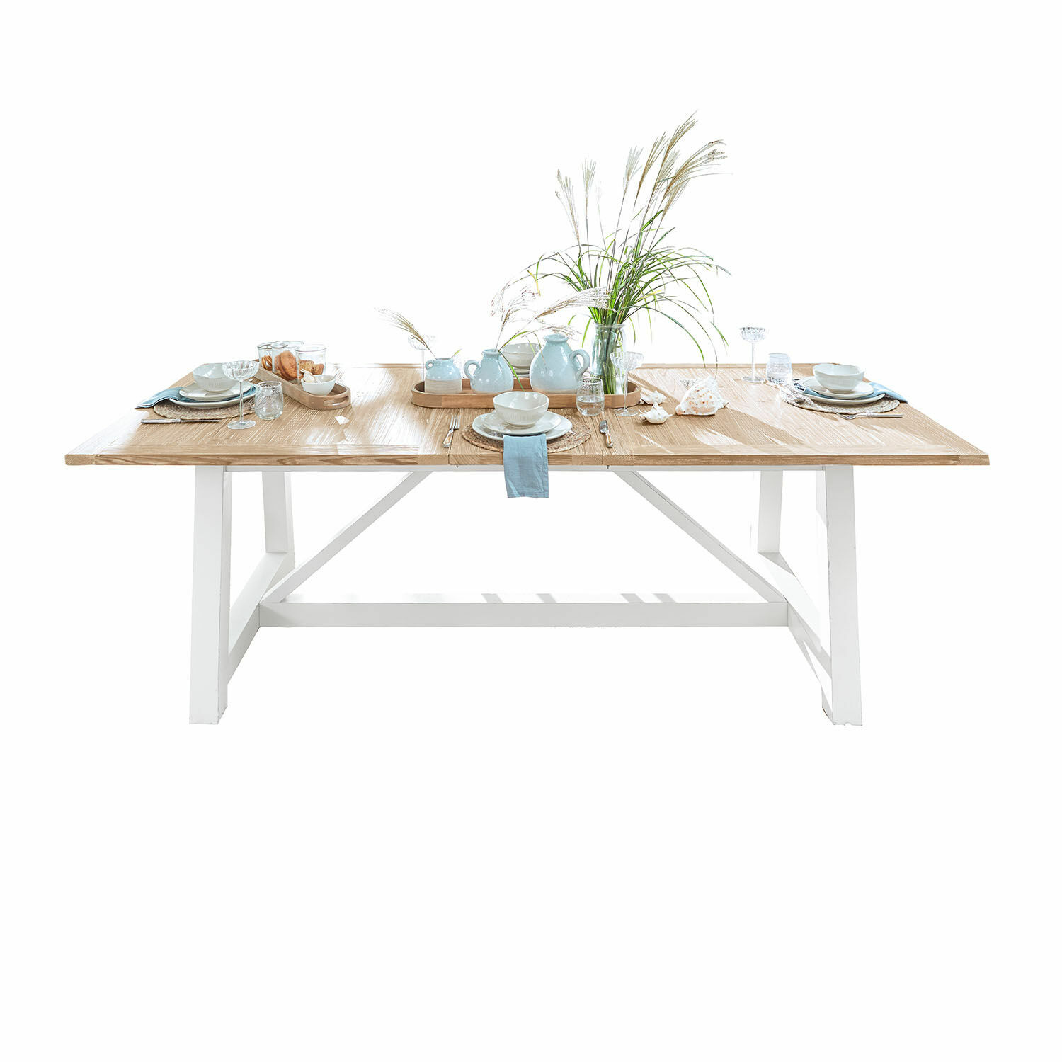 Mesa de comedor Dubberly Mesa de comedor de madera clara con base blanca, decorada con cerámica y hierbas decorativas