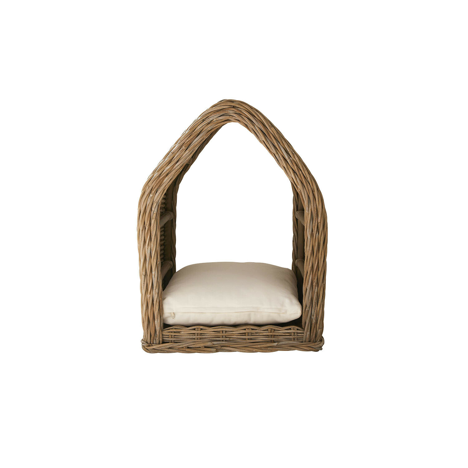 Caseta para perro Muffan Cesta de ratán con forma de casa y cojín crema para almacenamiento y decoración interior