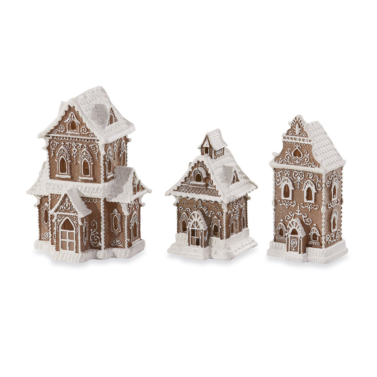 Set de 3 casitas decorativas Anyama Tres casas decorativas de cerámica marrón con detalles blancos estilo pan de jengibre para Navidad