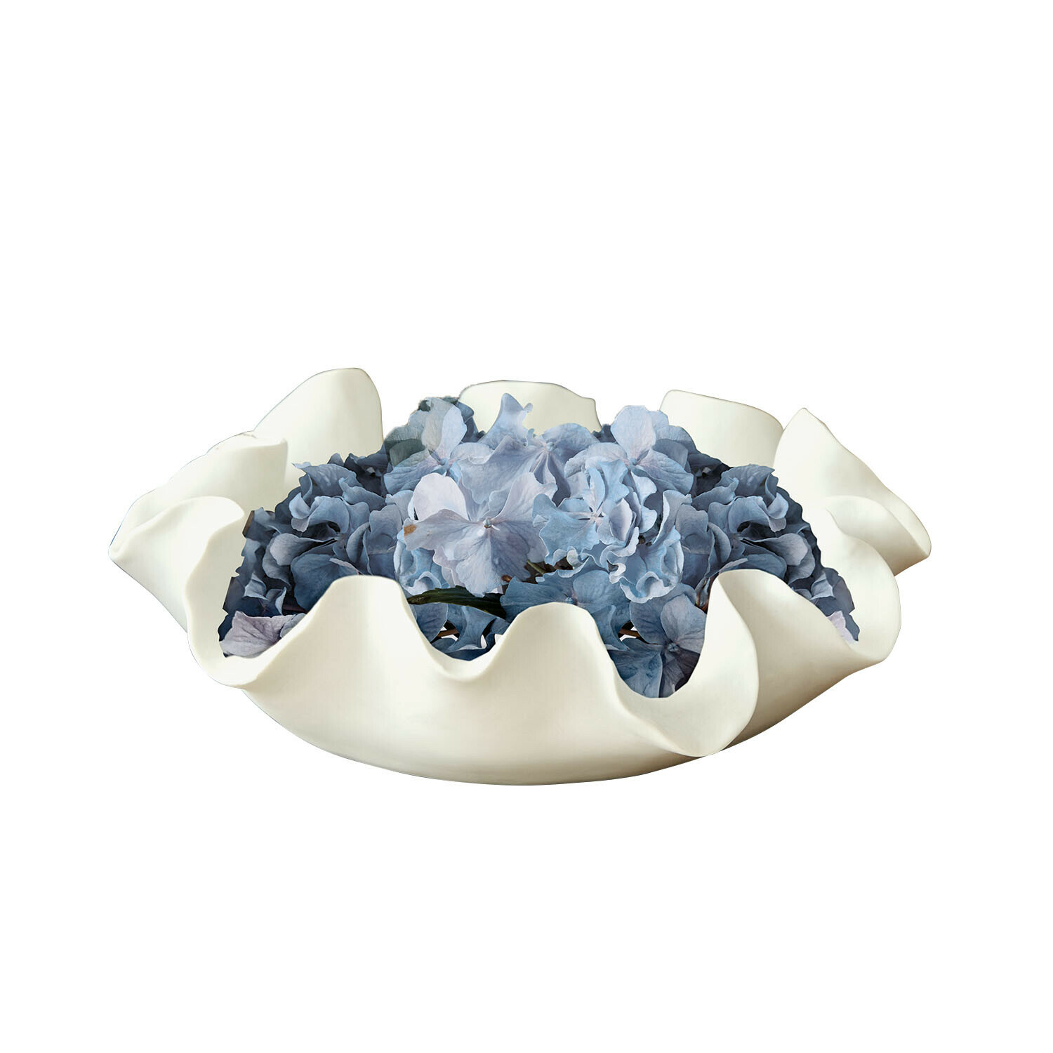 Cuenco Lunettas Cuenco de cerámica blanca con borde ondulado lleno de flores azules de hortensia, decoración de mesa