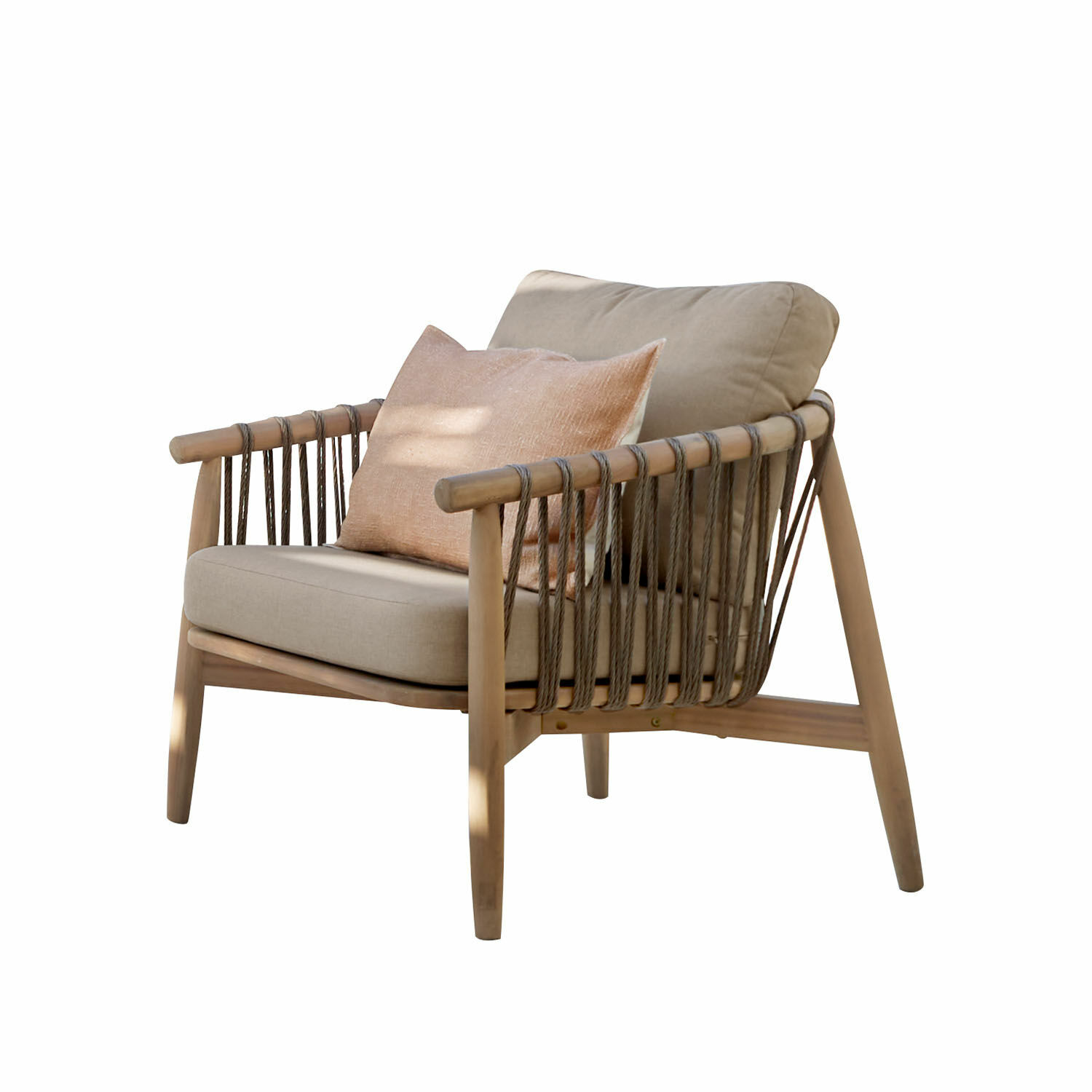 Sillón FSC®-100% Thornwick Sillón de madera y cuerda con cojines beige, mueble moderno para sala de estar