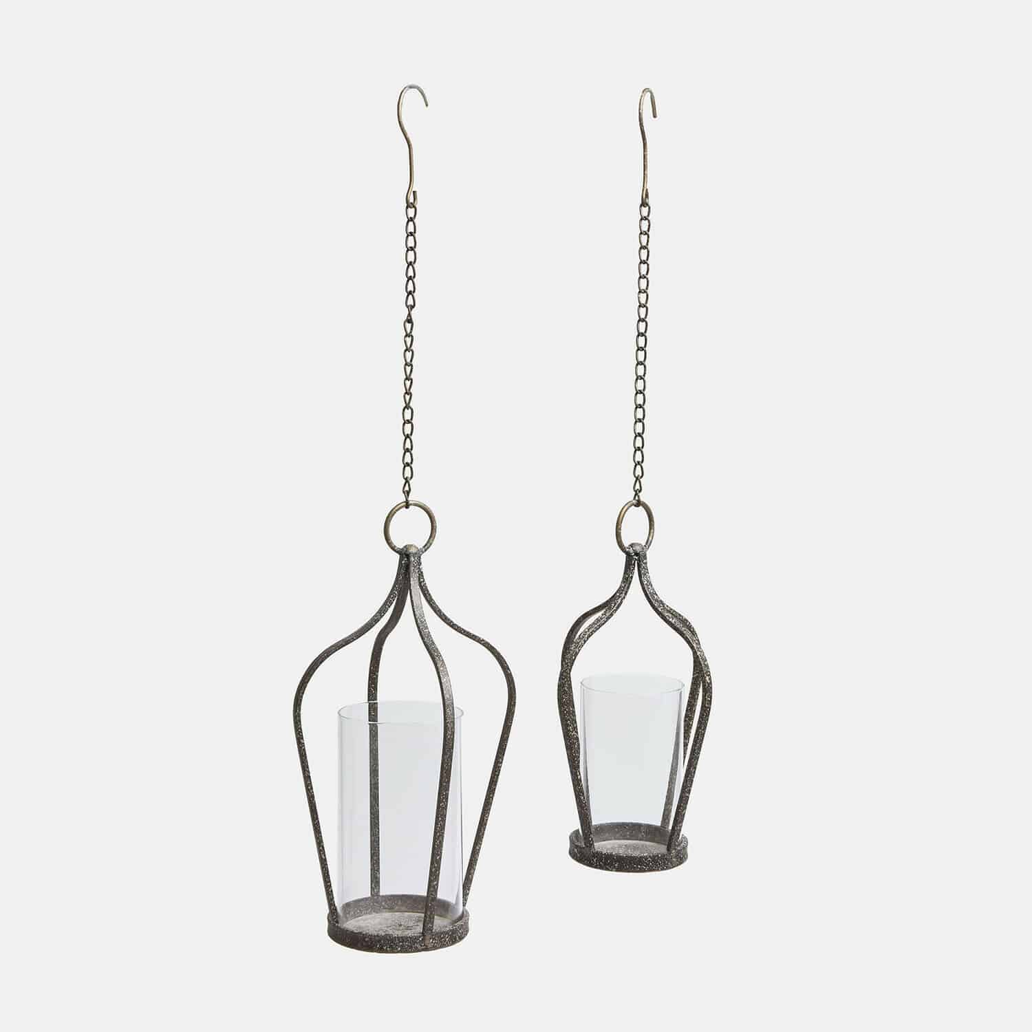 Set de 2 farolillos Mikella Farol colgante de metal negro con vidrio transparente y vela blanca para decoración interior