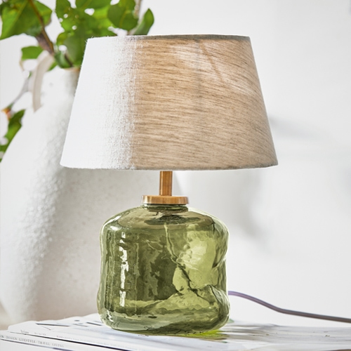 Lámpara de mesa de vidrio verde con pantalla beige, lámpara decorativa para salón