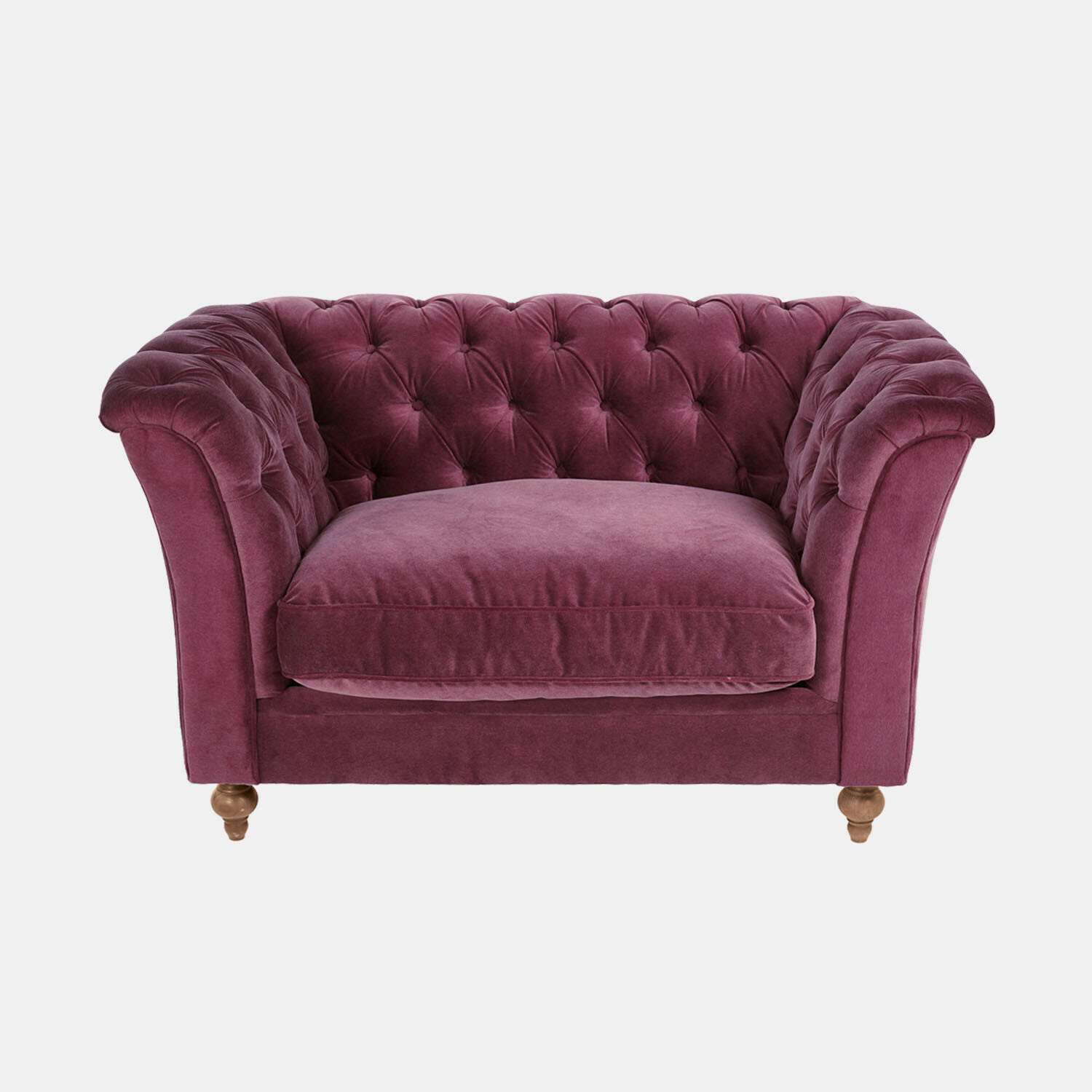 morado Sofá violeta de terciopelo con respaldo capitoné y patas de madera, mueble cómodo para salón