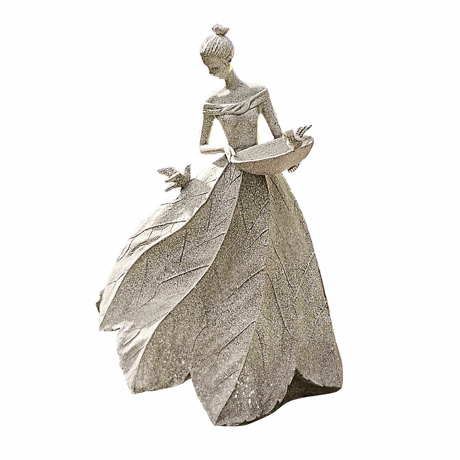 Escultura Sullon Figura de mujer con vestido de hojas, cuenco y pájaros, decoración de jardín en piedra gris