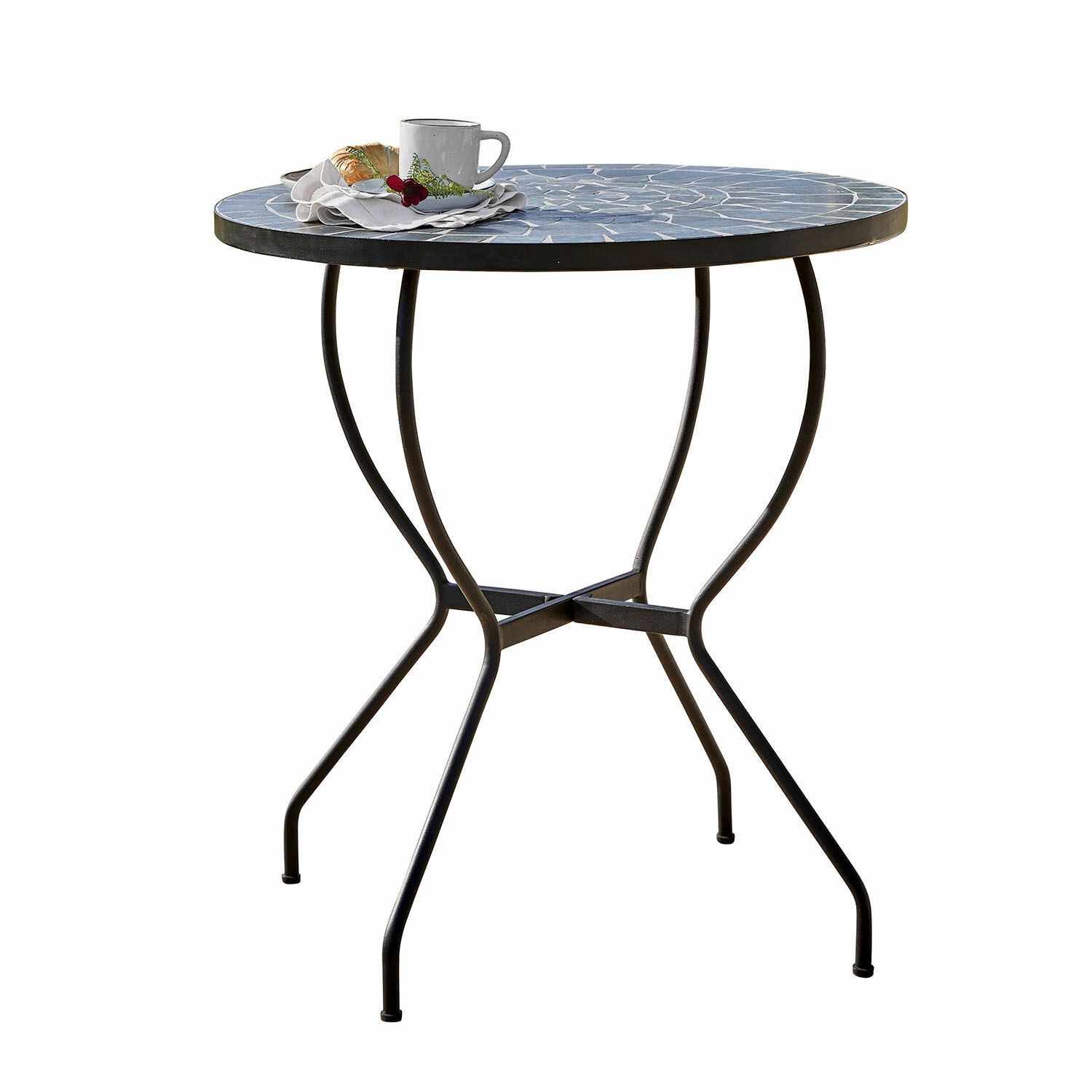Mesa Ballaigues Mesa redonda con tablero de mosaico azul y base metálica negra para jardín o terraza