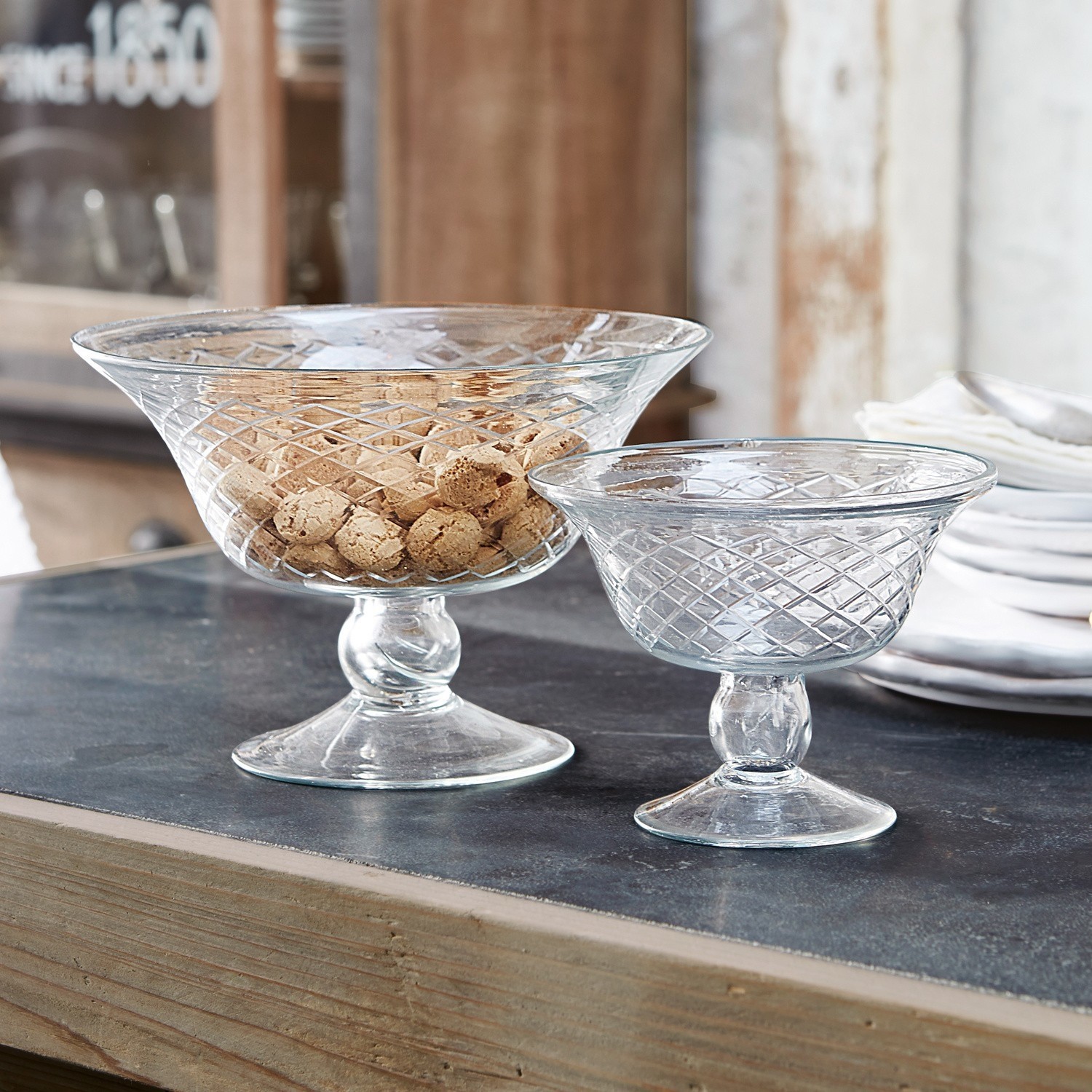Set de 2 cuencos Kadence Copas de vidrio transparente con diseño decorativo, ideales para almacenamiento y decoración