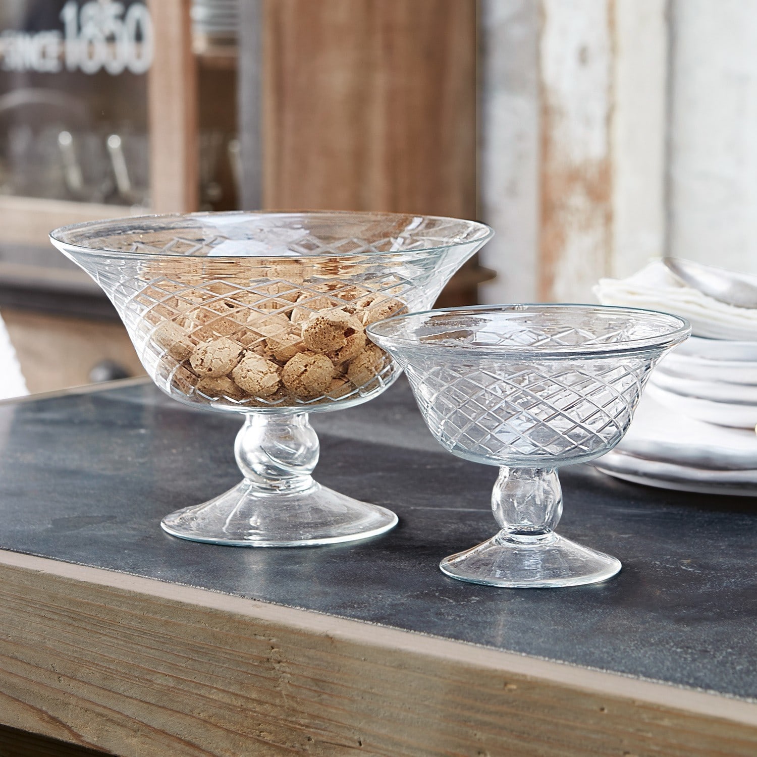 Set de 2 cuencos Kadence Copas de vidrio transparente con diseño decorativo, ideales para almacenamiento y decoración