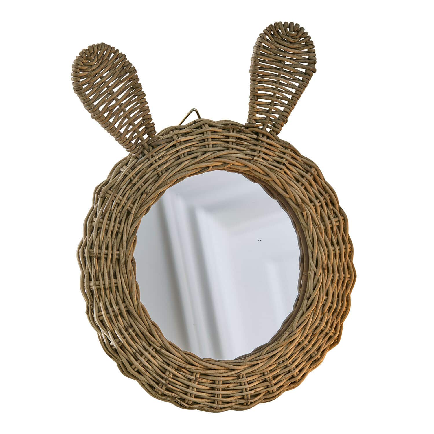 Espejo Papillonette Espejo redondo de mimbre con orejas de conejo, color marrón natural, decoración de pared para habitación infantil