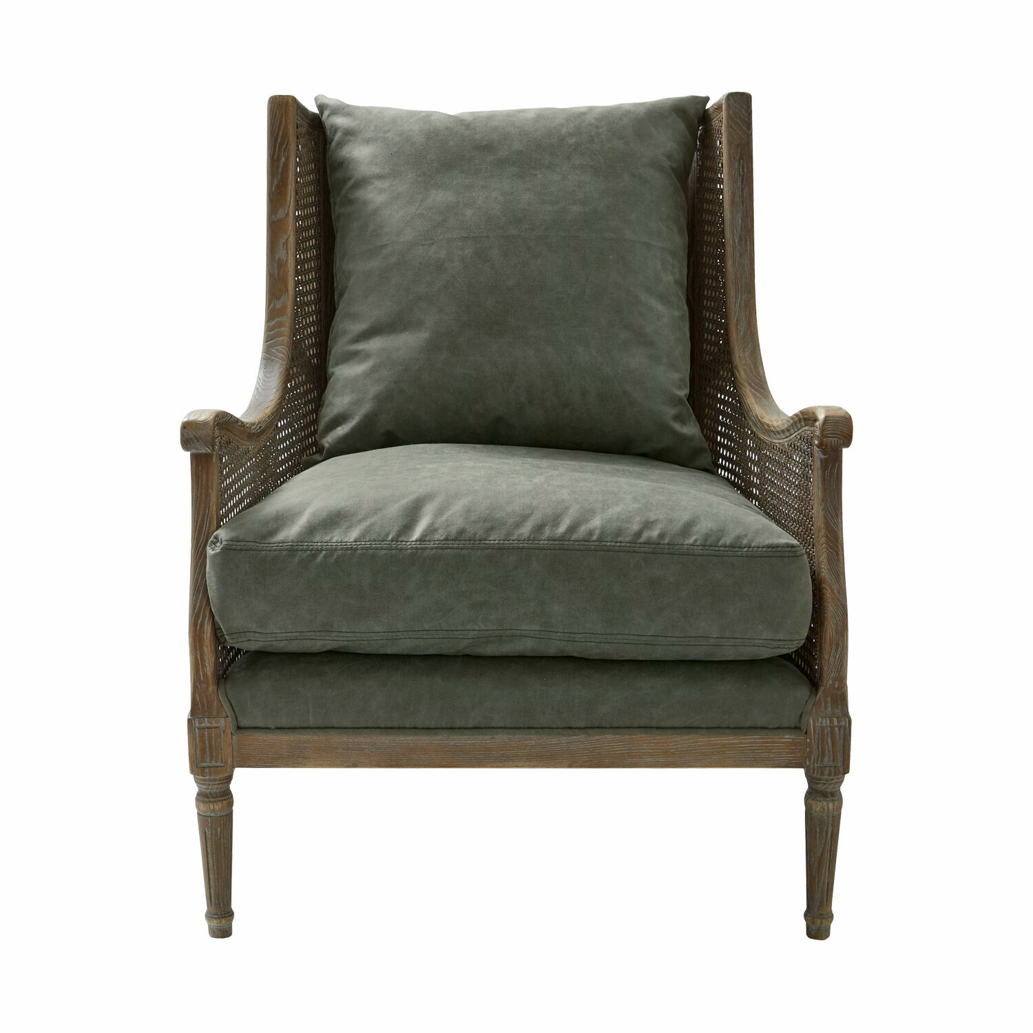 marrón/verde antiguo Sillón Greenbrier con tapizado gris y estructura de madera calada, diseño vintage elegante