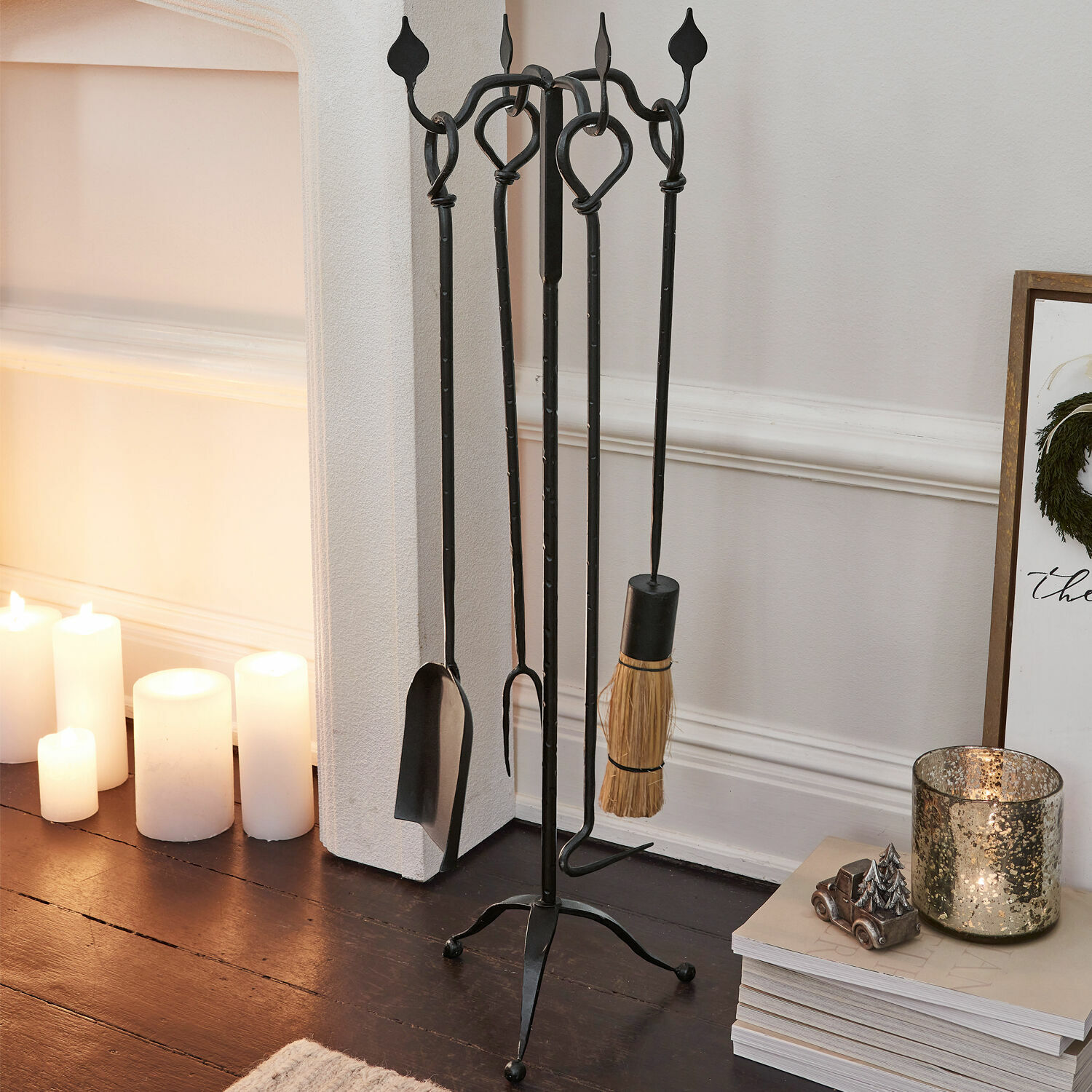 Utensilios de chimenea Elvio Conjunto de herramientas para chimenea de metal negro con soporte, accesorios para limpieza de chimenea