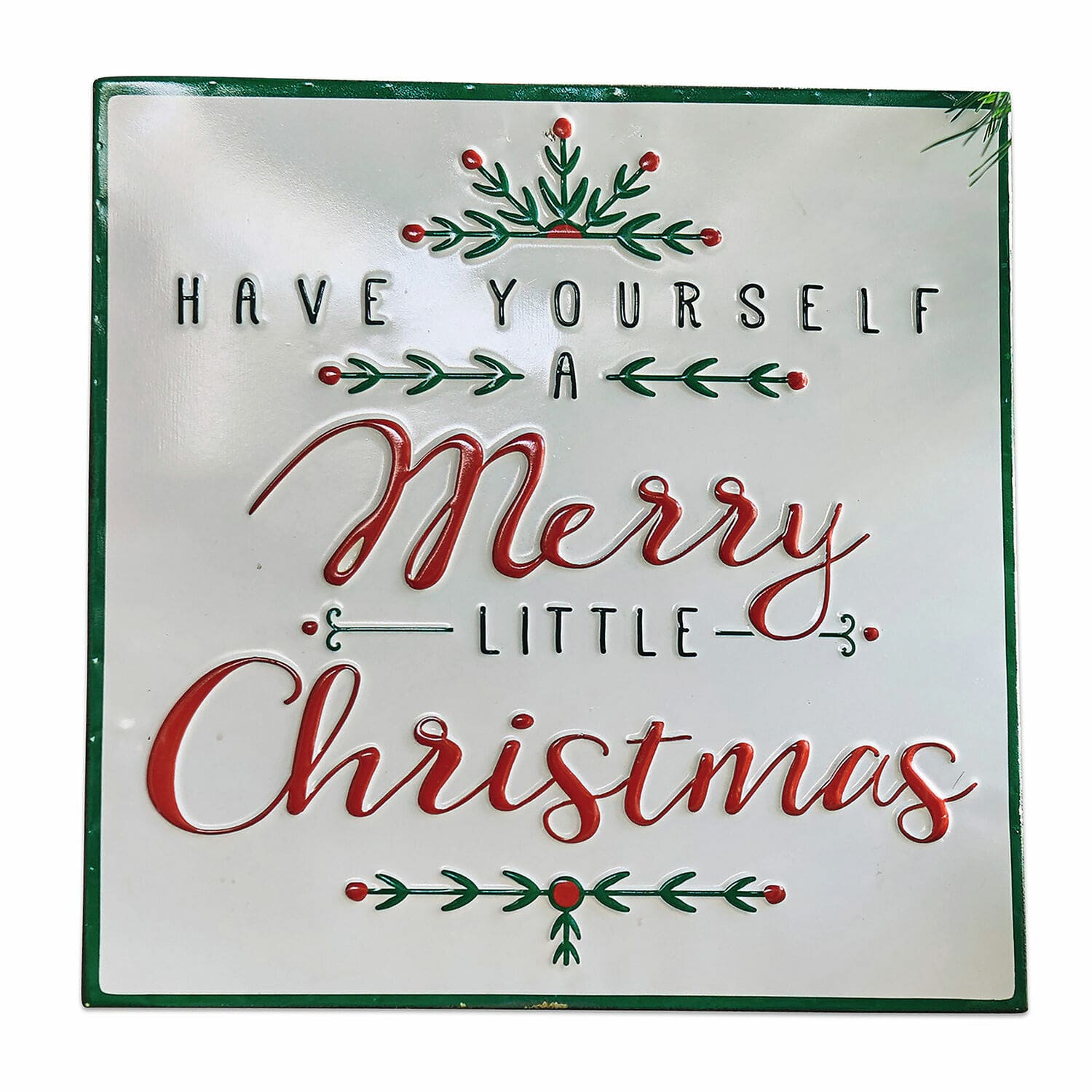 Cartel decorativo Merry Merry Decoración navideña de metal con texto Merry Christmas en rojo y verde sobre fondo blanco