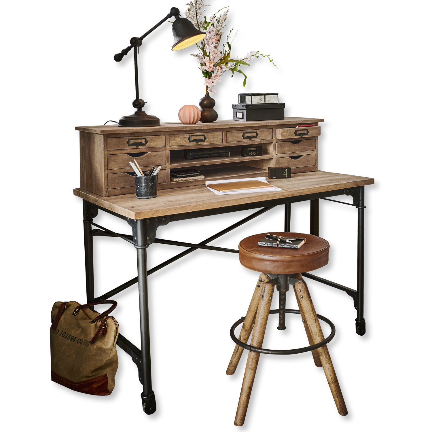 Escritorio Leognan Escritorio de madera y metal con varios cajones y taburete con asiento de cuero marrón y patas de madera