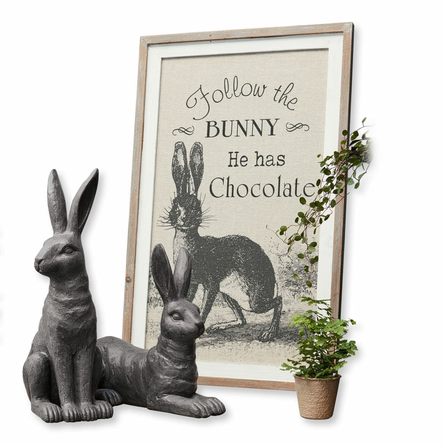 Cuadro decorativo Chocolate Figuras decorativas de conejos grises con marco beige y texto sobre conejo y chocolate