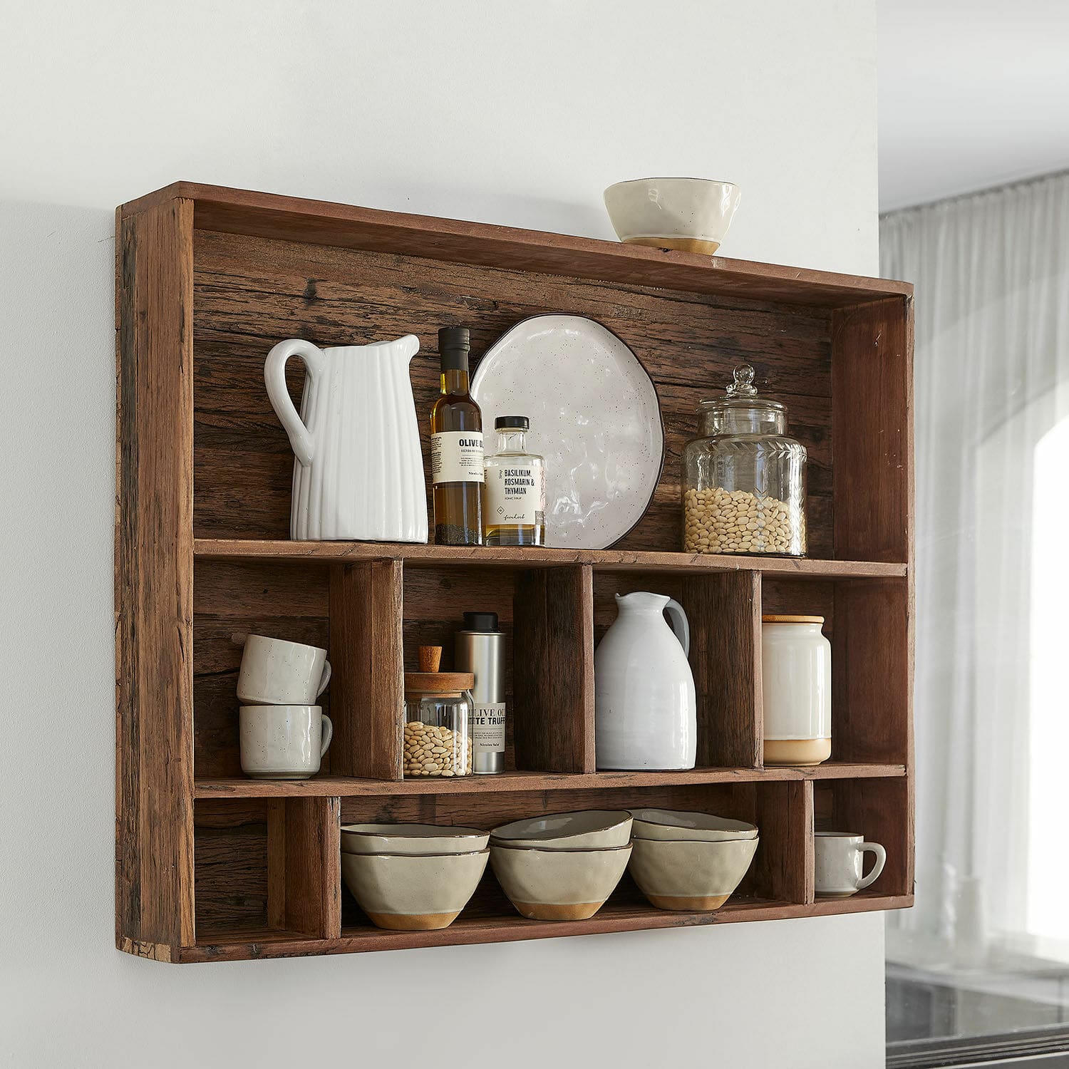 Estantería de pared Tresienne Estante de pared rústico de madera con cerámica y frascos para cocina estilo vintage