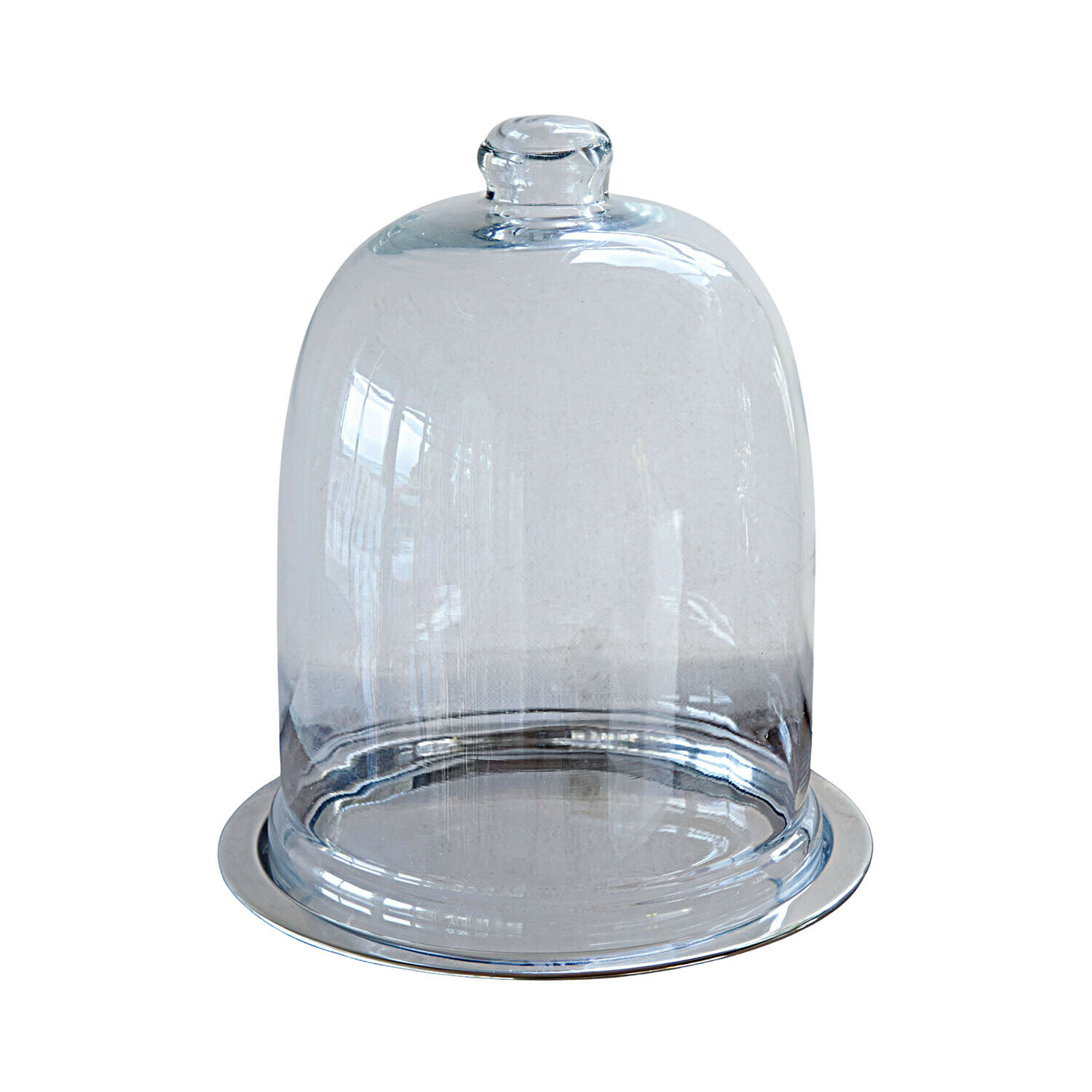 Campana de cristal con plato Chardonne Campana de cristal transparente con base de acero inoxidable para conservar y servir alimentos