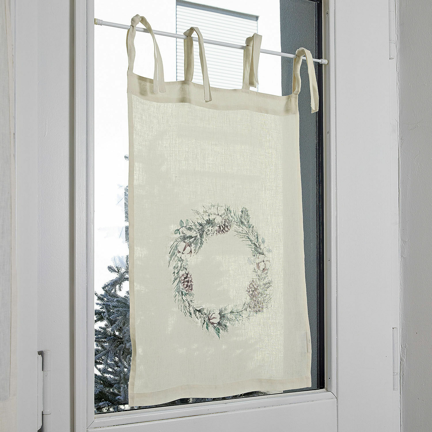 Cortina de disco Torge Cortina de lino beige con corona decorativa de piñas y ramas para ventana