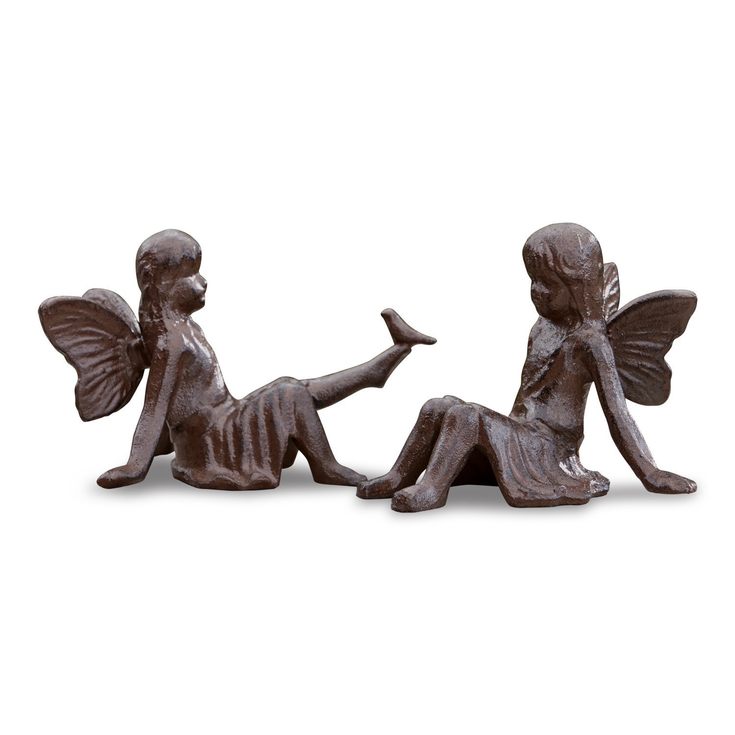 Set de 2 figuras decorativas Papille Dos figuras de hadas de metal marrón sentadas, decoración para jardín