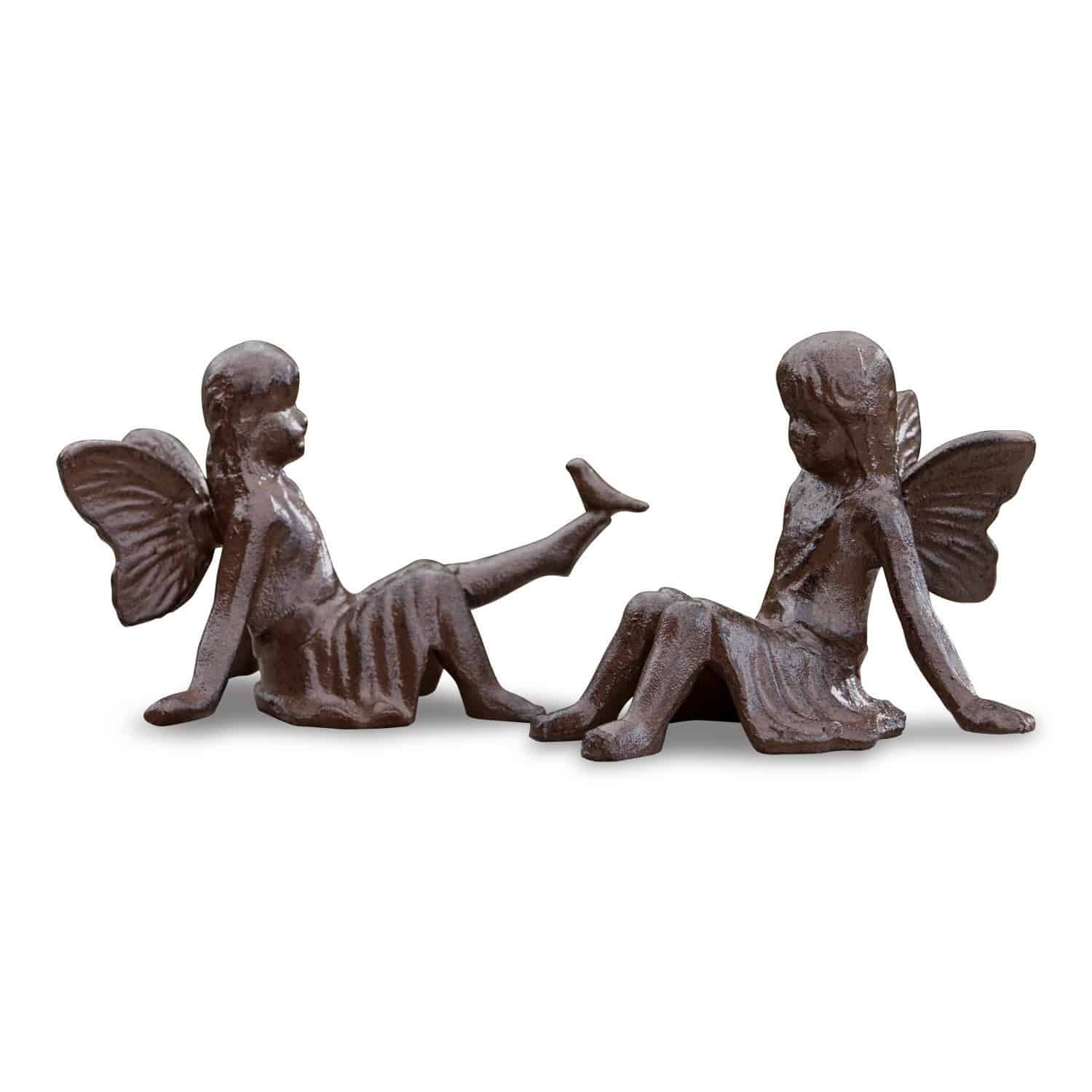 Set de 2 figuras decorativas Papille Dos figuras de hadas de metal marrón sentadas, decoración para jardín