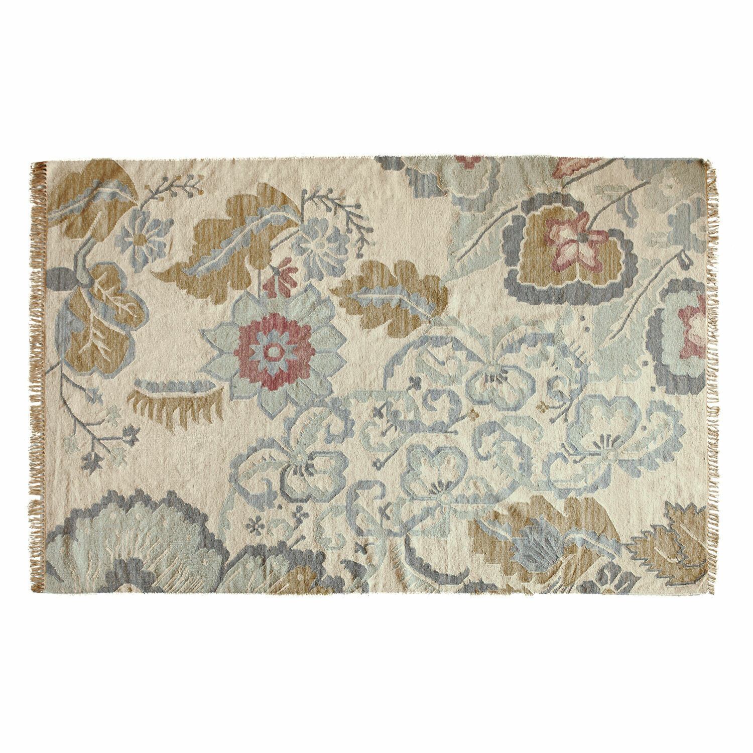 Alfombra decorativa con diseño floral en tonos beige, azul y marrón, material suave para interiores