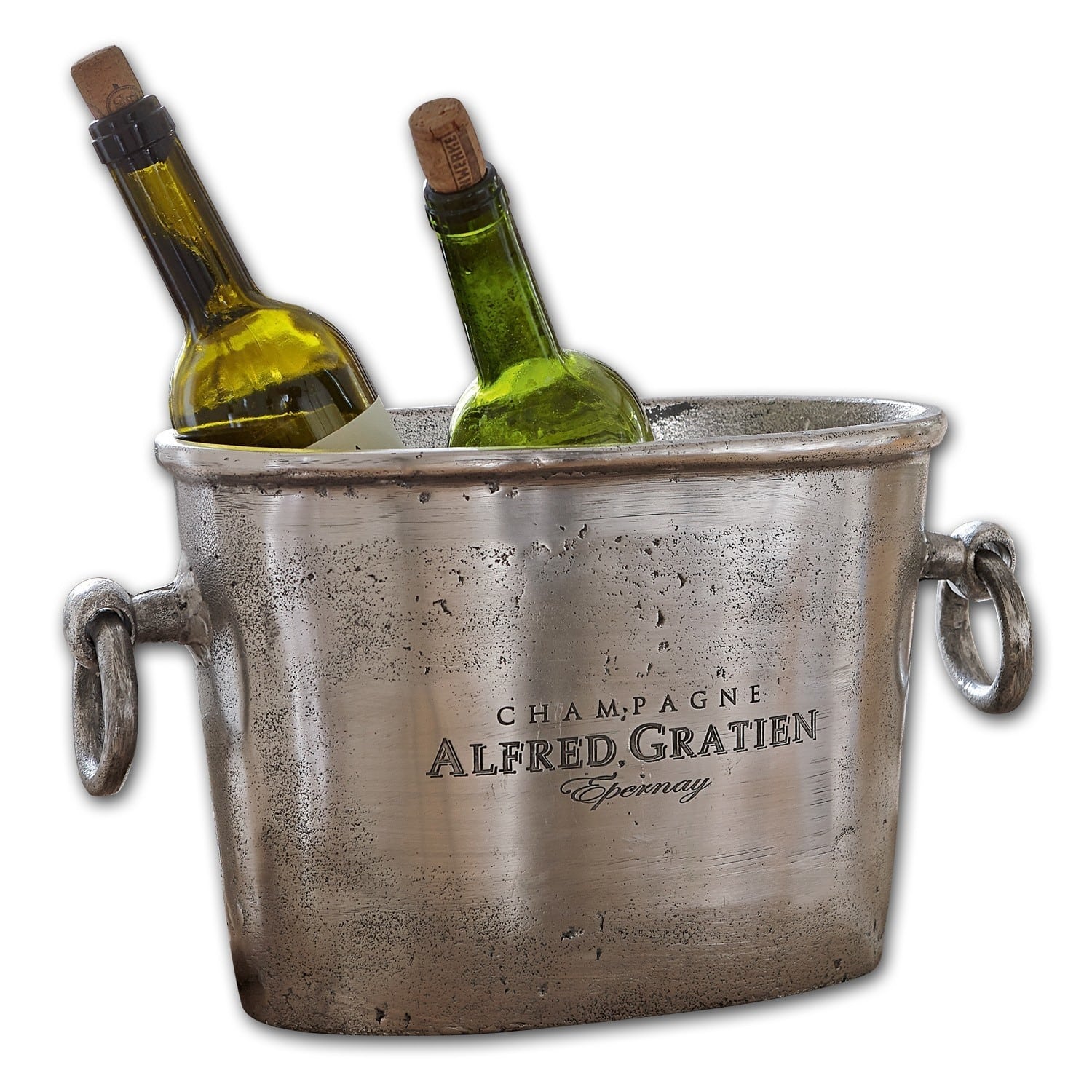 Enfriador de champán Alfred Cubitera metálica plateada con inscripción Alfred Gratien, con dos botellas de vino con corcho