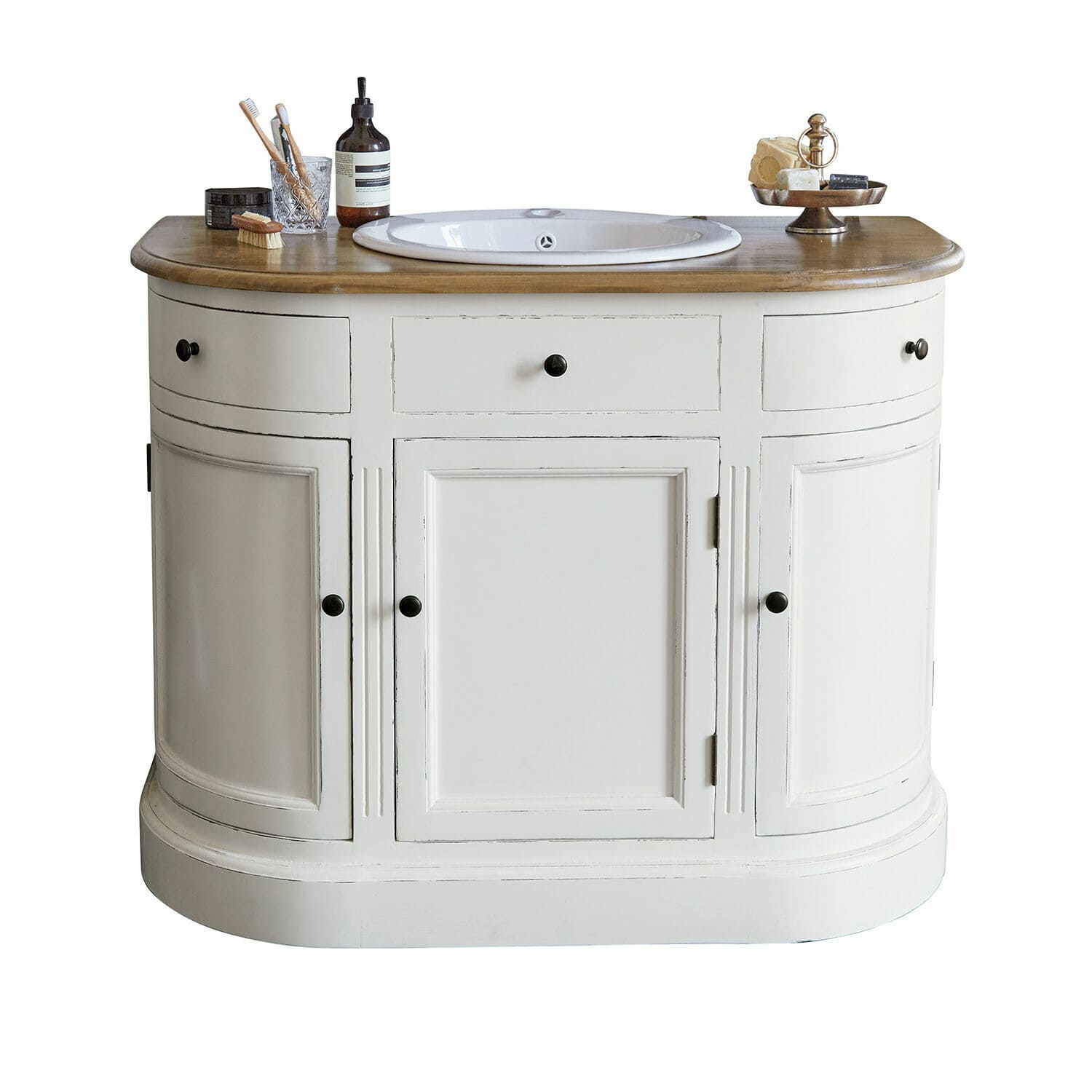 Mueble de baño Louisiana Mueble de baño blanco de madera con lavabo y encimera de madera natural, estilo vintage