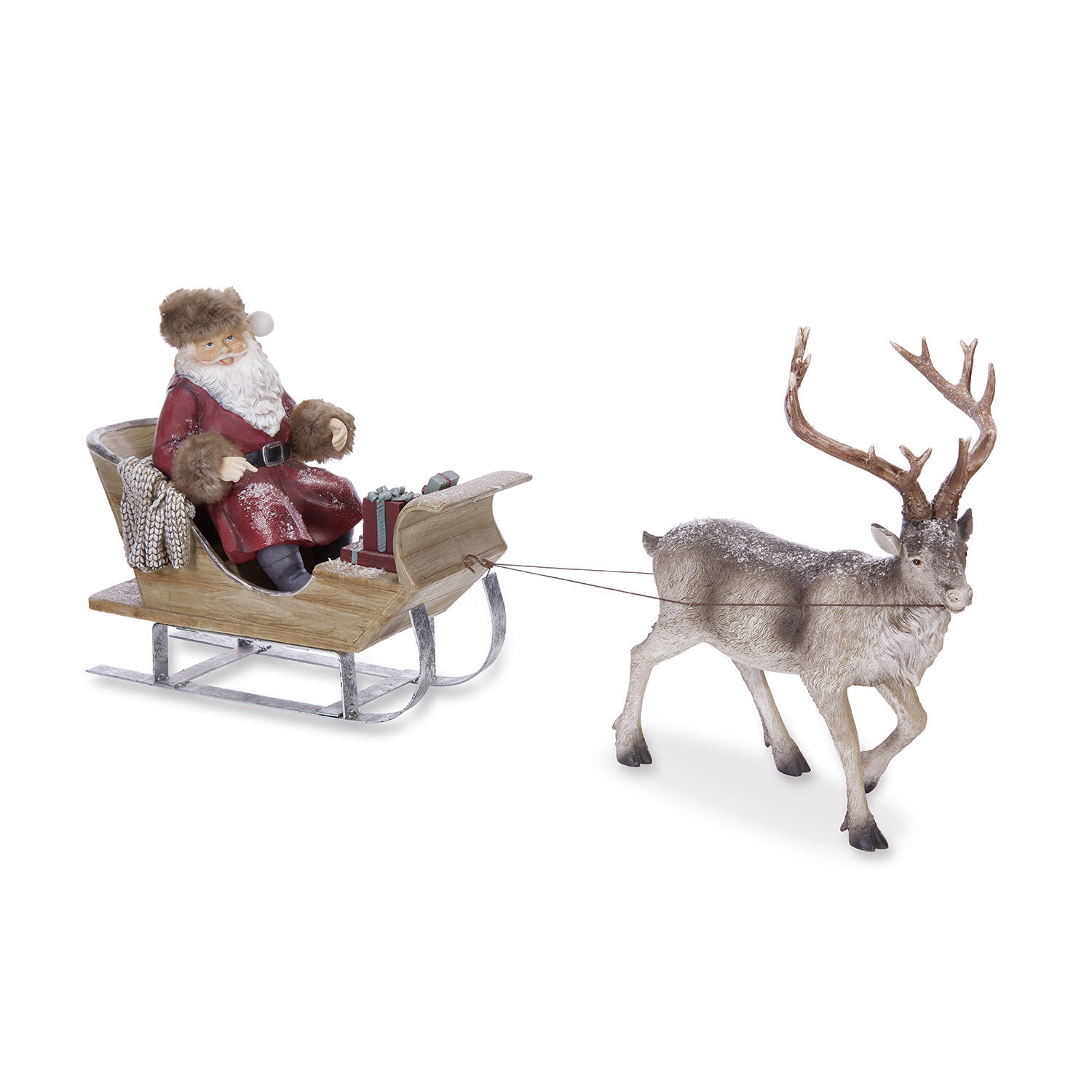 Trineo de Navidad Palaima Figura de Papá Noel con abrigo rojo en trineo de madera tirado por un reno con cuernos