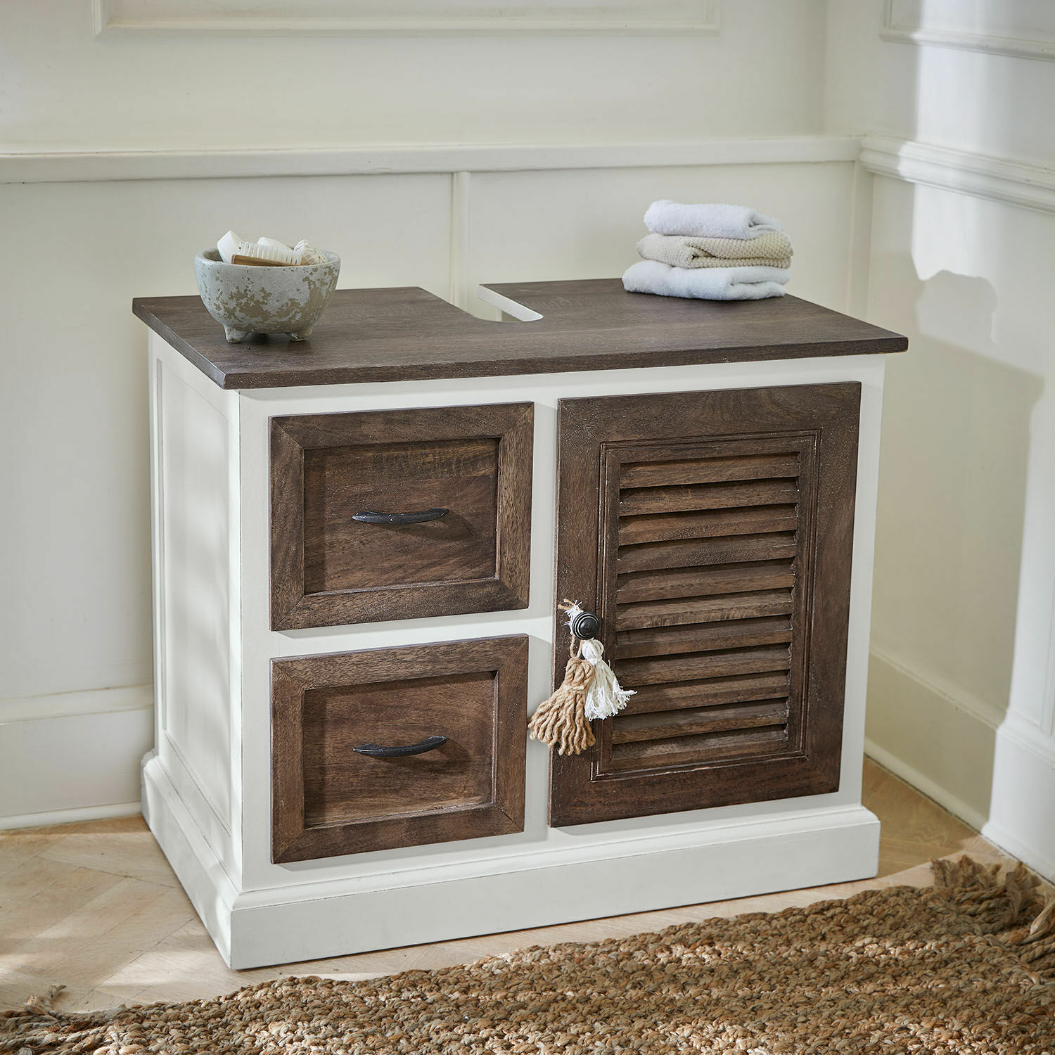Tocador Farmington Mueble de baño blanco con encimera y frentes de madera oscura, cajones y puerta prácticos