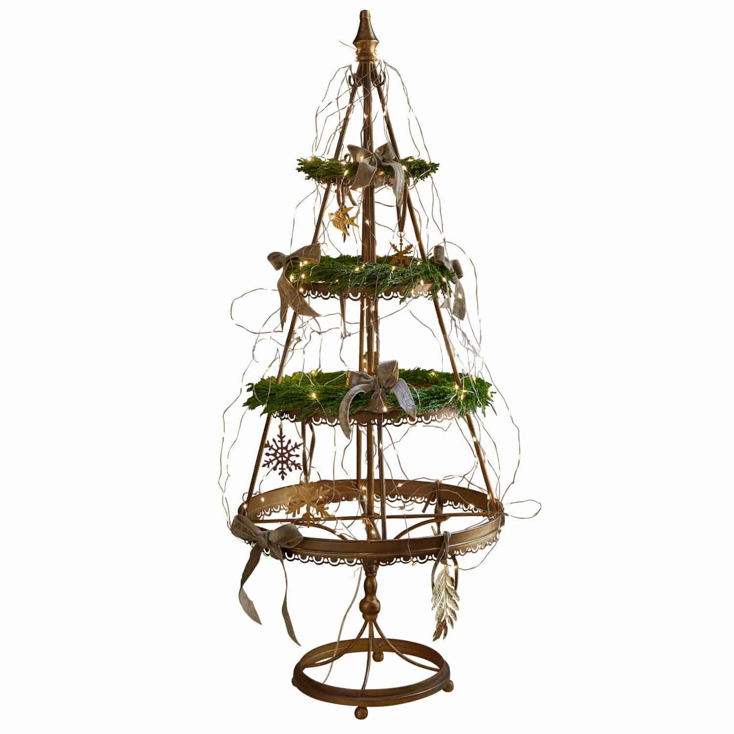 Árbol decorativo Yolivine Decoración navideña metálica en forma de árbol con coronas verdes y luces LED