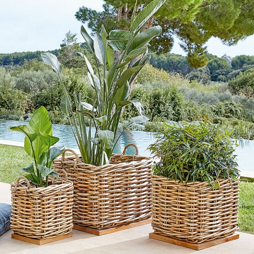 Tres macetas cuadradas de mimbre con base de madera y plantas verdes en terraza exterior