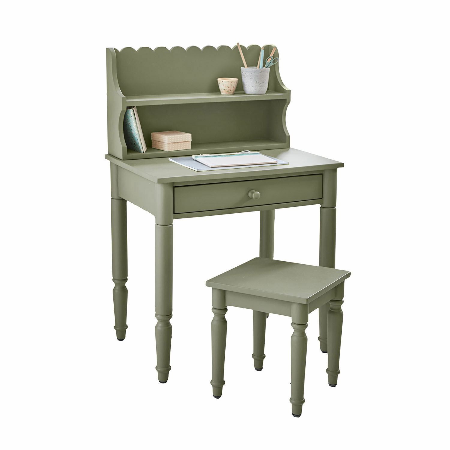 Escritorio Kystlund Escritorio verde de madera con estantes y taburete, mueble funcional para hogar y oficina